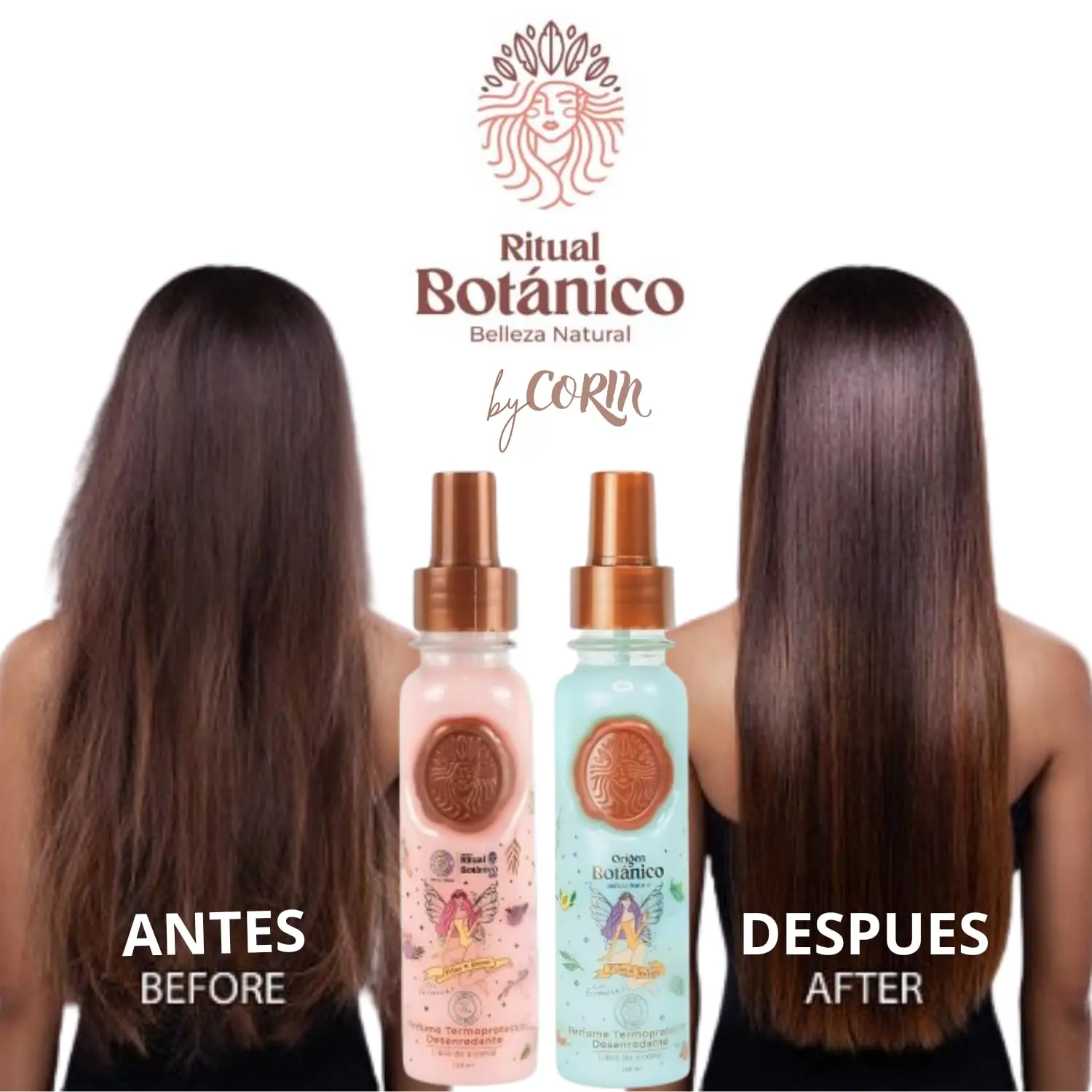Duo of hair perfume and heat protectant sprays with floral and fruity scents that detangle, control frizz, and provide sun protection for healthy, manageable hair.