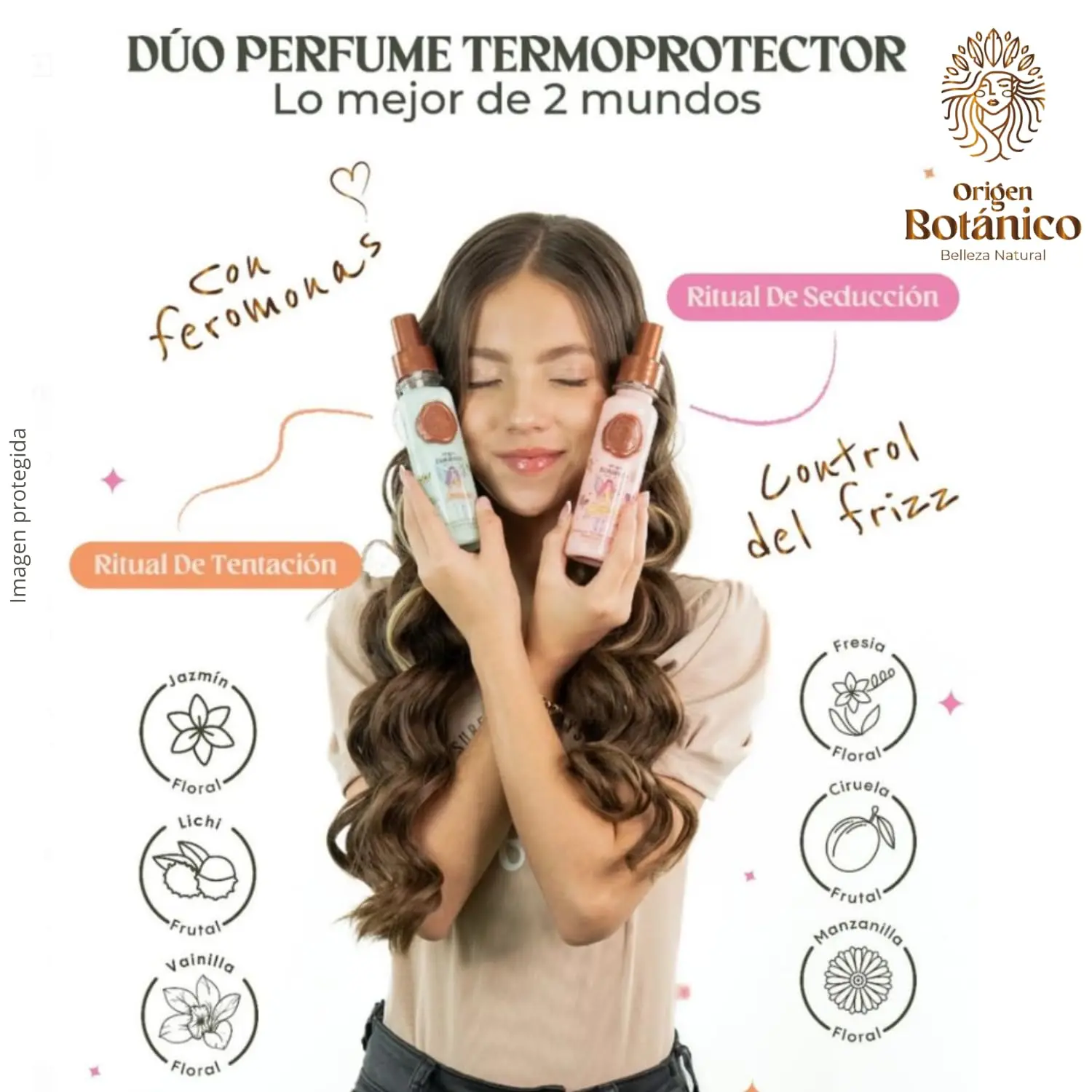 Duo of hair perfume and heat protectant sprays with floral and fruity scents that detangle, control frizz, and provide sun protection for healthy, manageable hair.