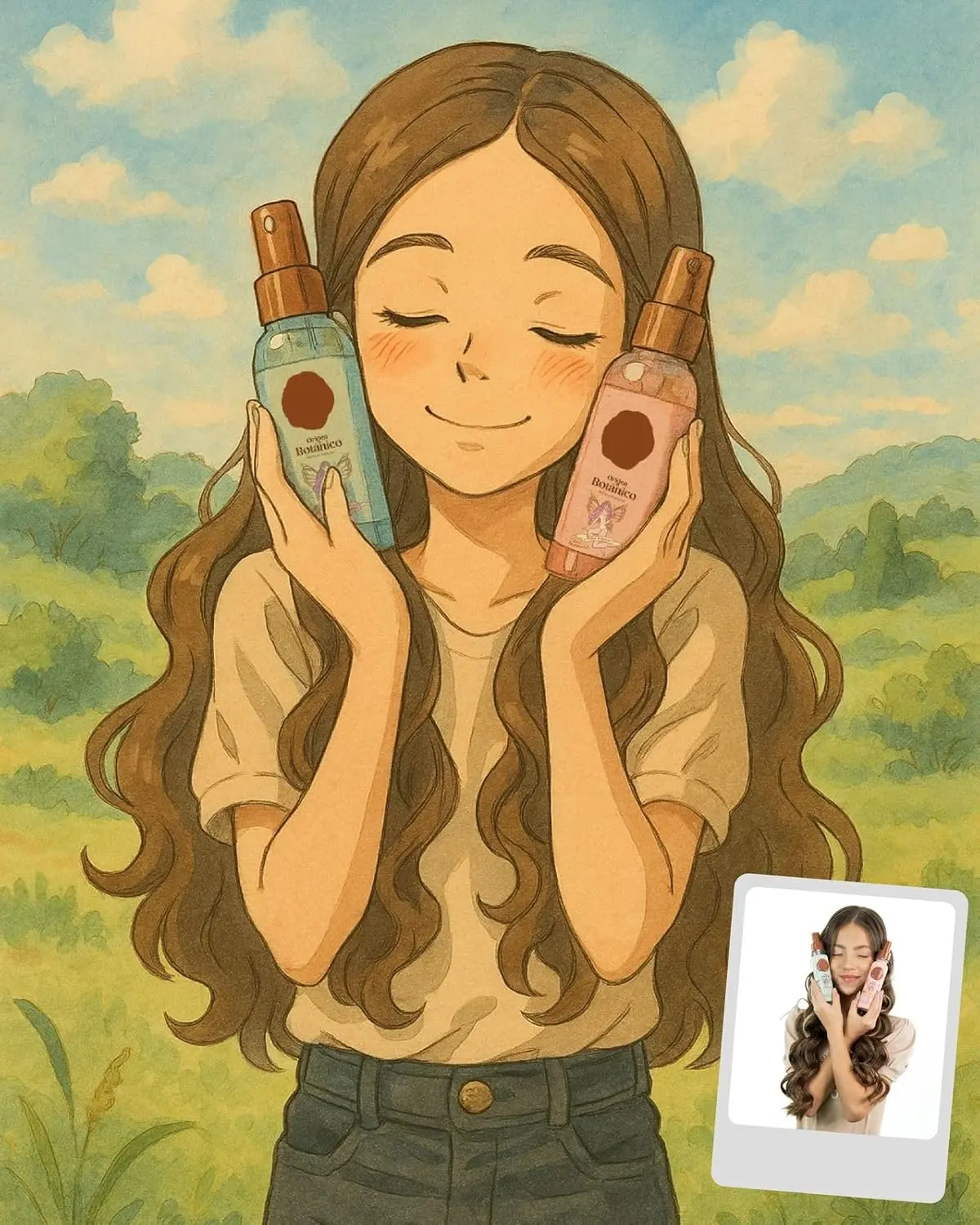 Duo of hair perfume and heat protectant sprays with floral and fruity scents that detangle, control frizz, and provide sun protection for healthy, manageable hair.