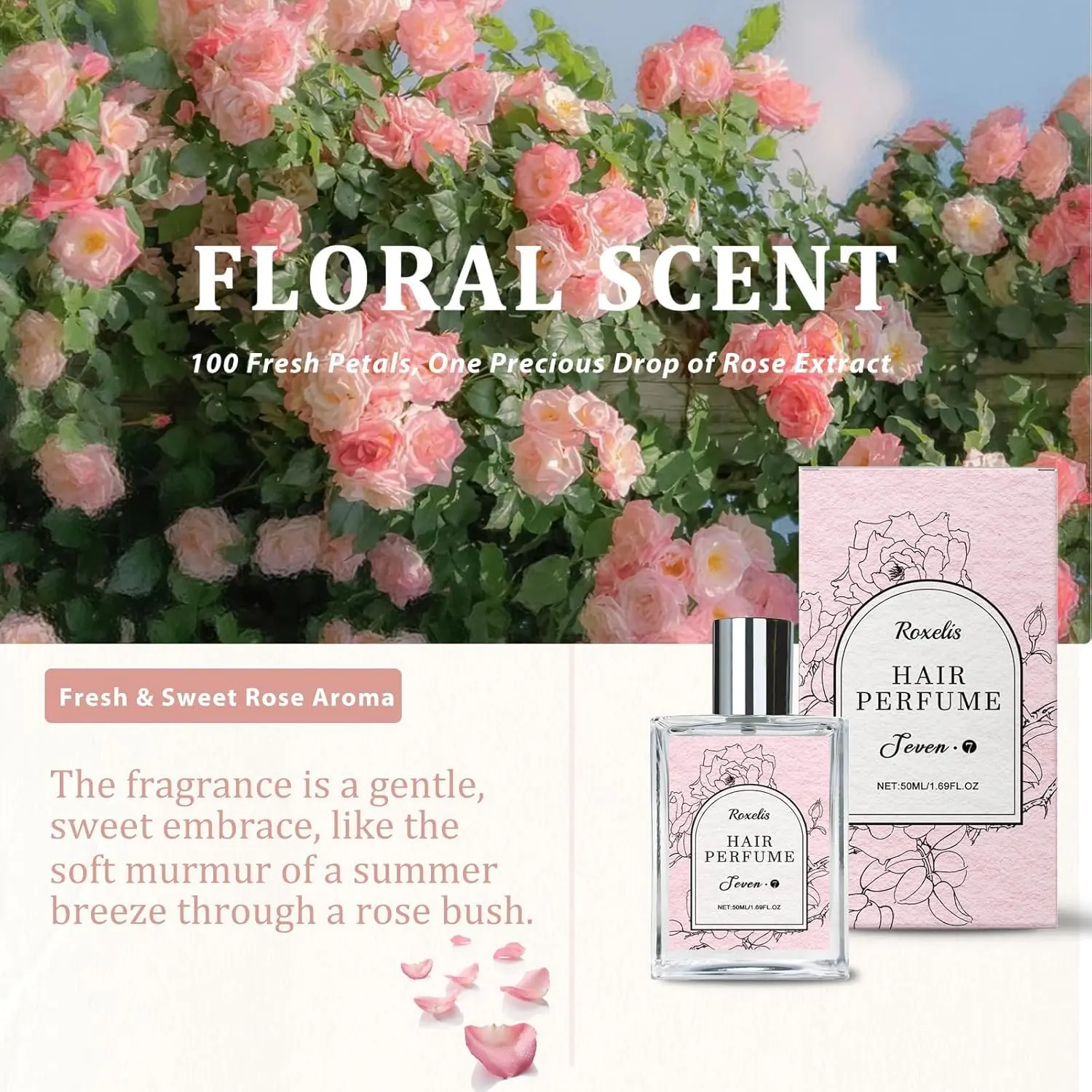A bottle of hair perfume for women with sweet rose scent, featuring castor oil and vitamin E, designed to hydrate and nourish hair while leaving a long-lasting floral fragrance.