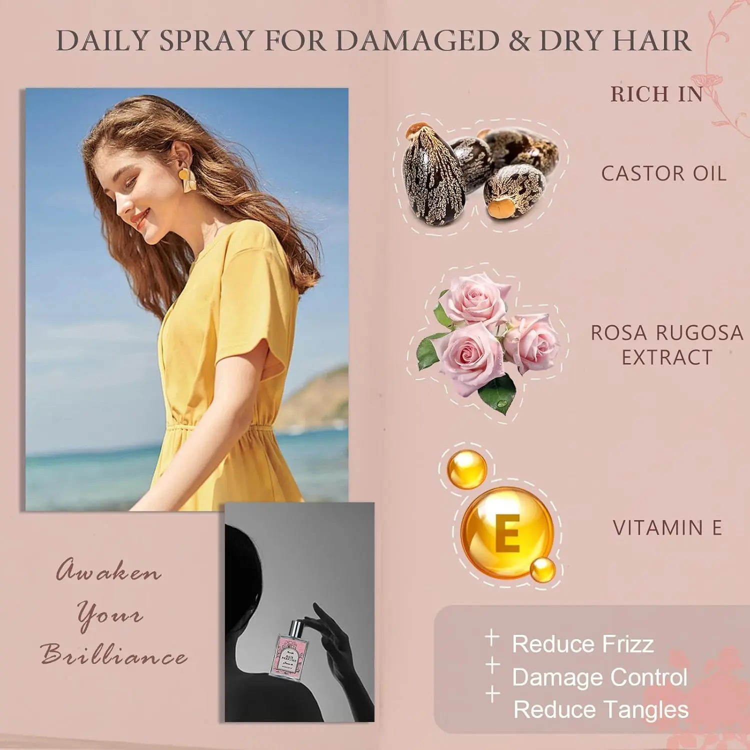 A bottle of hair perfume for women with sweet rose scent, featuring castor oil and vitamin E, designed to hydrate and nourish hair while leaving a long-lasting floral fragrance.