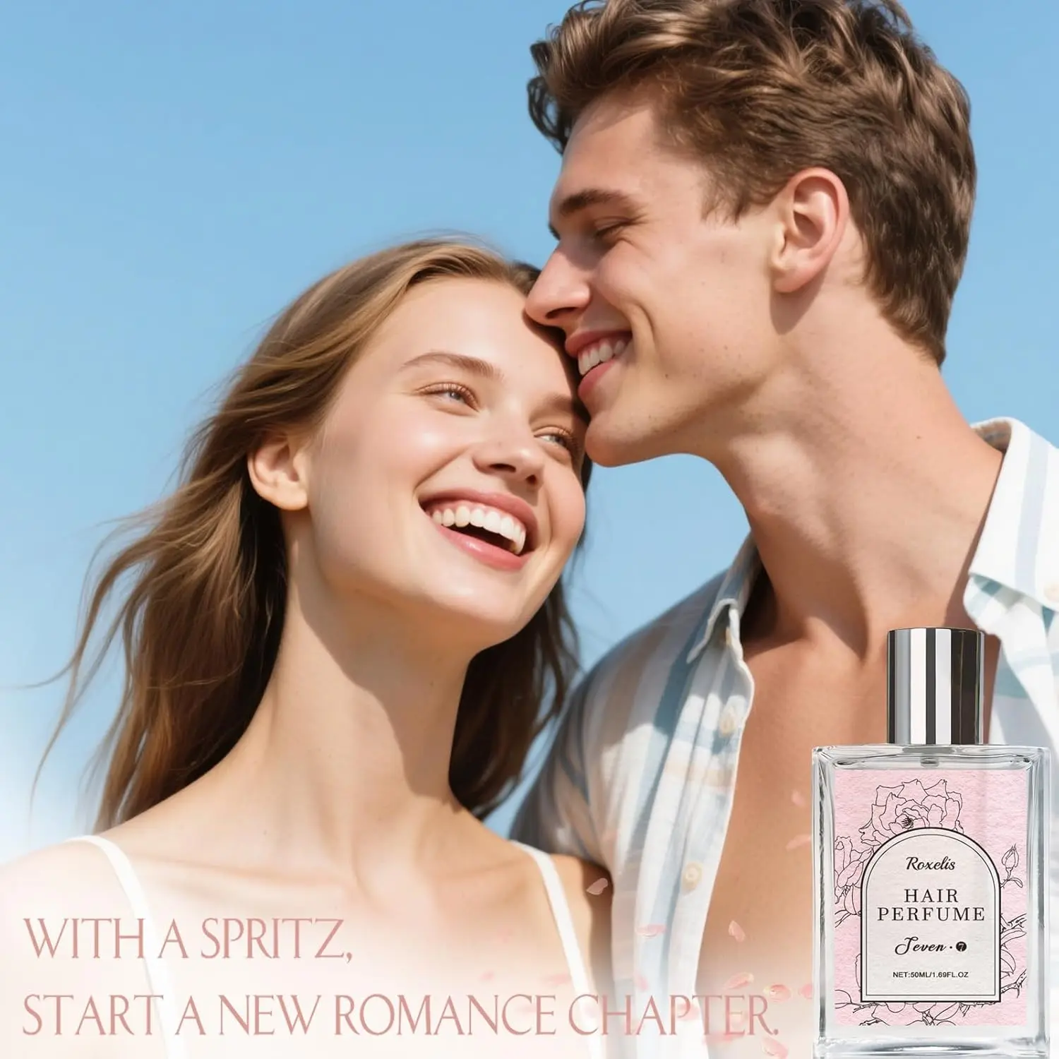 A bottle of hair perfume for women with sweet rose scent, featuring castor oil and vitamin E, designed to hydrate and nourish hair while leaving a long-lasting floral fragrance.