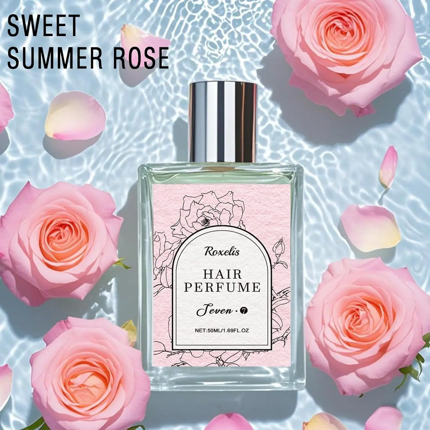 A bottle of hair perfume for women with sweet rose scent, featuring castor oil and vitamin E, designed to hydrate and nourish hair while leaving a long-lasting floral fragrance.