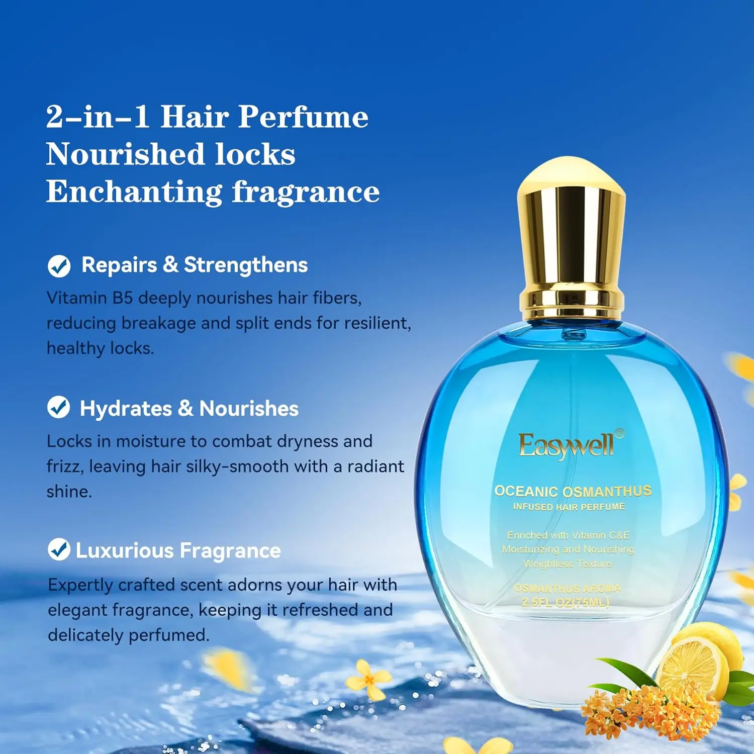 Hair perfume for women infused with Vitamin B5 to condition, strengthen and protect all hair types from breakage, split ends and dryness with a refreshing oceanic osmanthus scent.