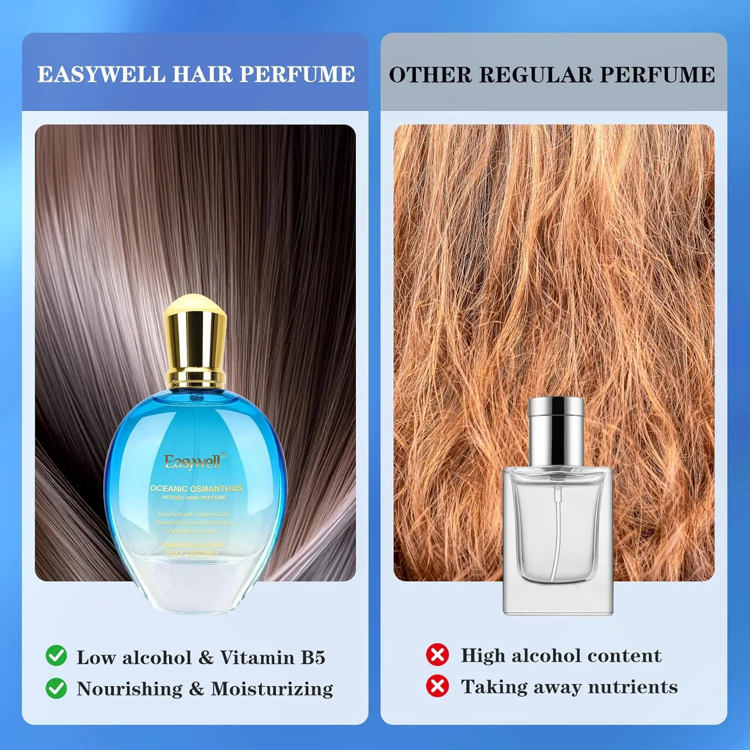Hair perfume for women infused with Vitamin B5 to condition, strengthen and protect all hair types from breakage, split ends and dryness with a refreshing oceanic osmanthus scent.
