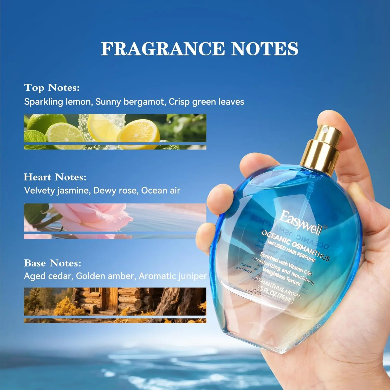 Hair perfume for women infused with Vitamin B5 to condition, strengthen and protect all hair types from breakage, split ends and dryness with a refreshing oceanic osmanthus scent.
