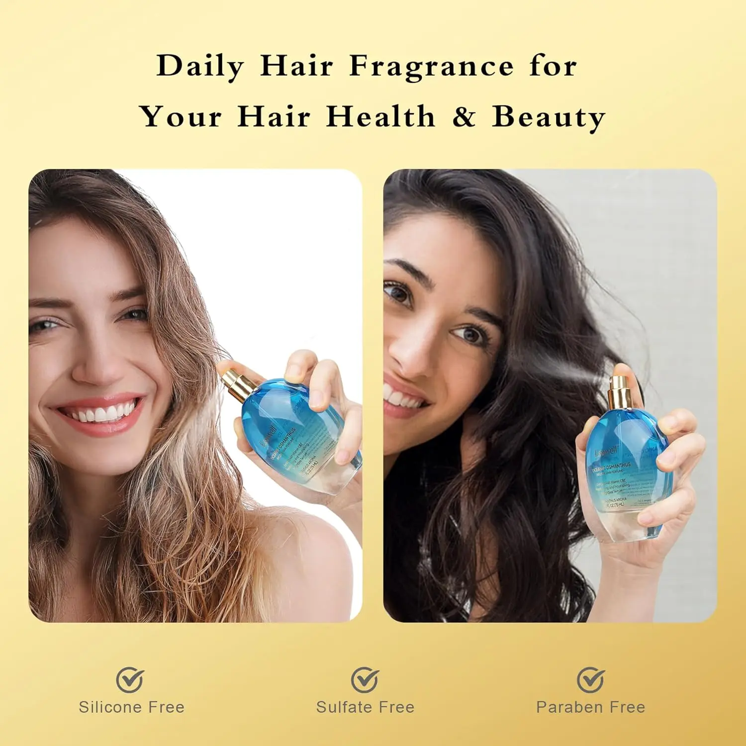 Hair perfume for women infused with Vitamin B5 to condition, strengthen and protect all hair types from breakage, split ends and dryness with a refreshing oceanic osmanthus scent.