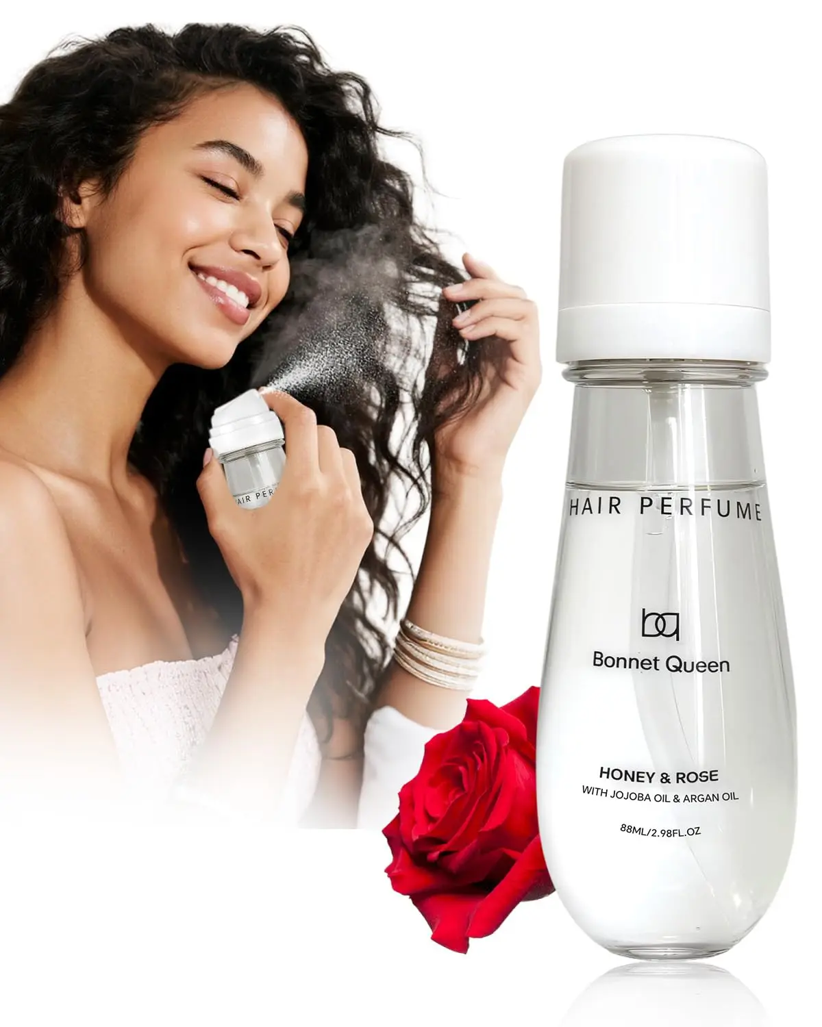 BONNET QUEEN hair perfume with honey and rose scent provides long-lasting fragrance and shine while nourishing dry and damaged hair, reducing split ends and frizz.