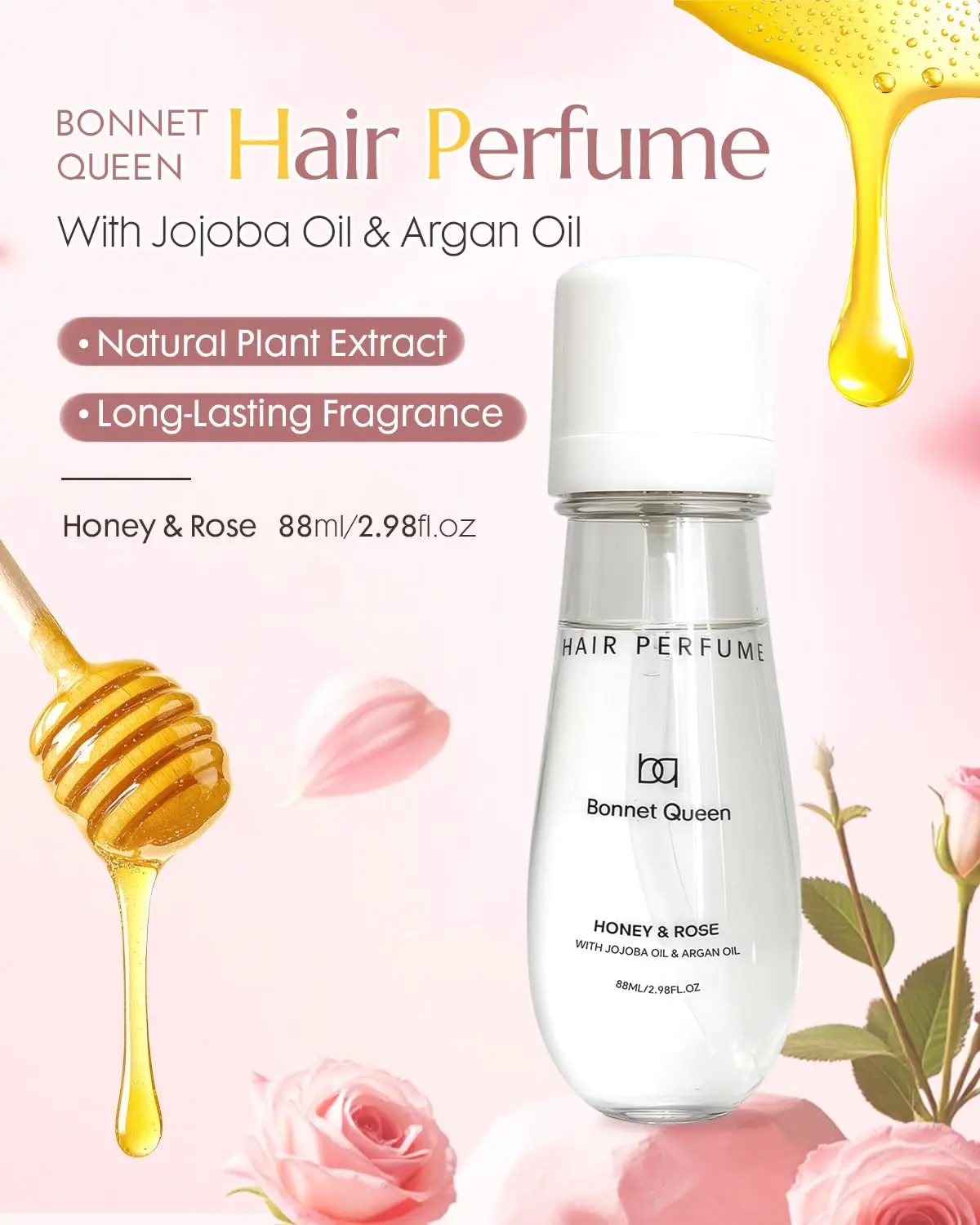 BONNET QUEEN hair perfume with honey and rose scent provides long-lasting fragrance and shine while nourishing dry and damaged hair, reducing split ends and frizz.