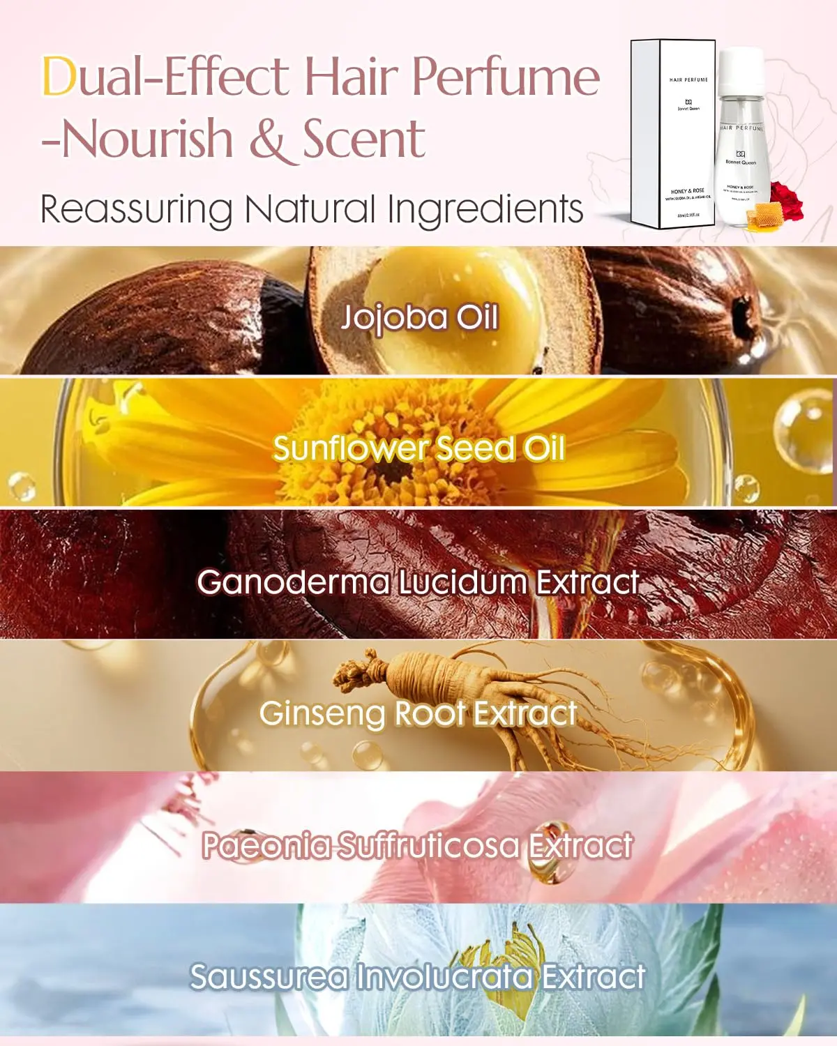 BONNET QUEEN hair perfume with honey and rose scent provides long-lasting fragrance and shine while nourishing dry and damaged hair, reducing split ends and frizz.