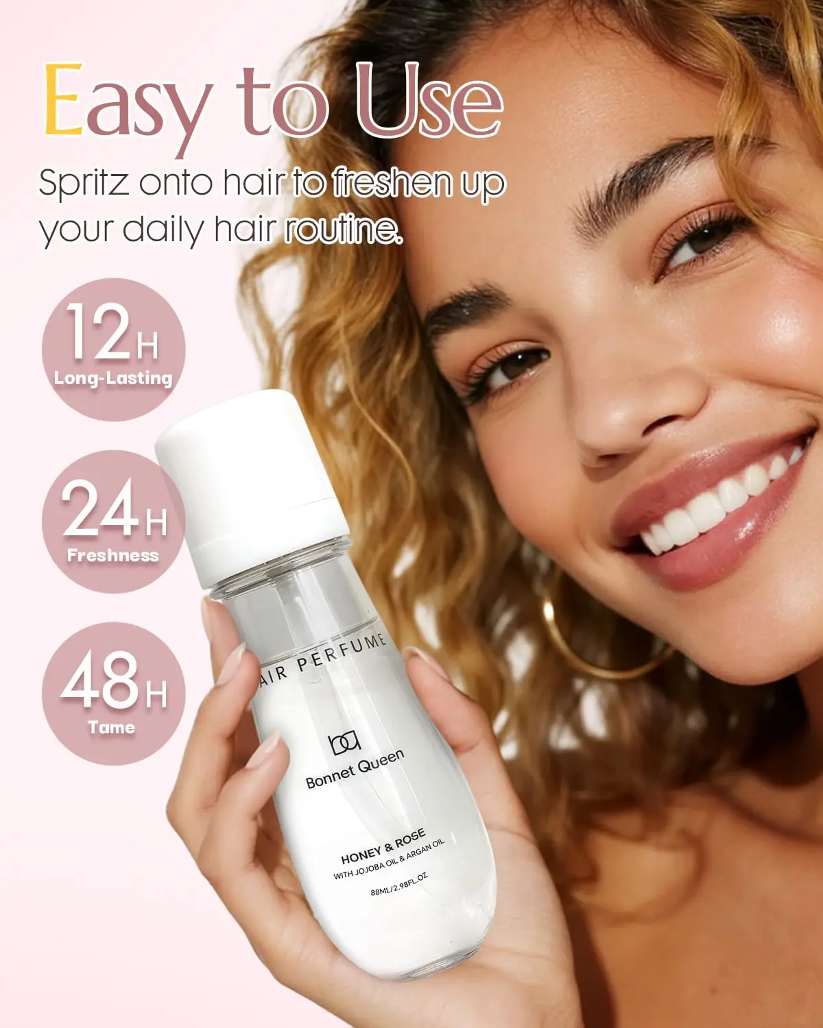 BONNET QUEEN hair perfume with honey and rose scent provides long-lasting fragrance and shine while nourishing dry and damaged hair, reducing split ends and frizz.