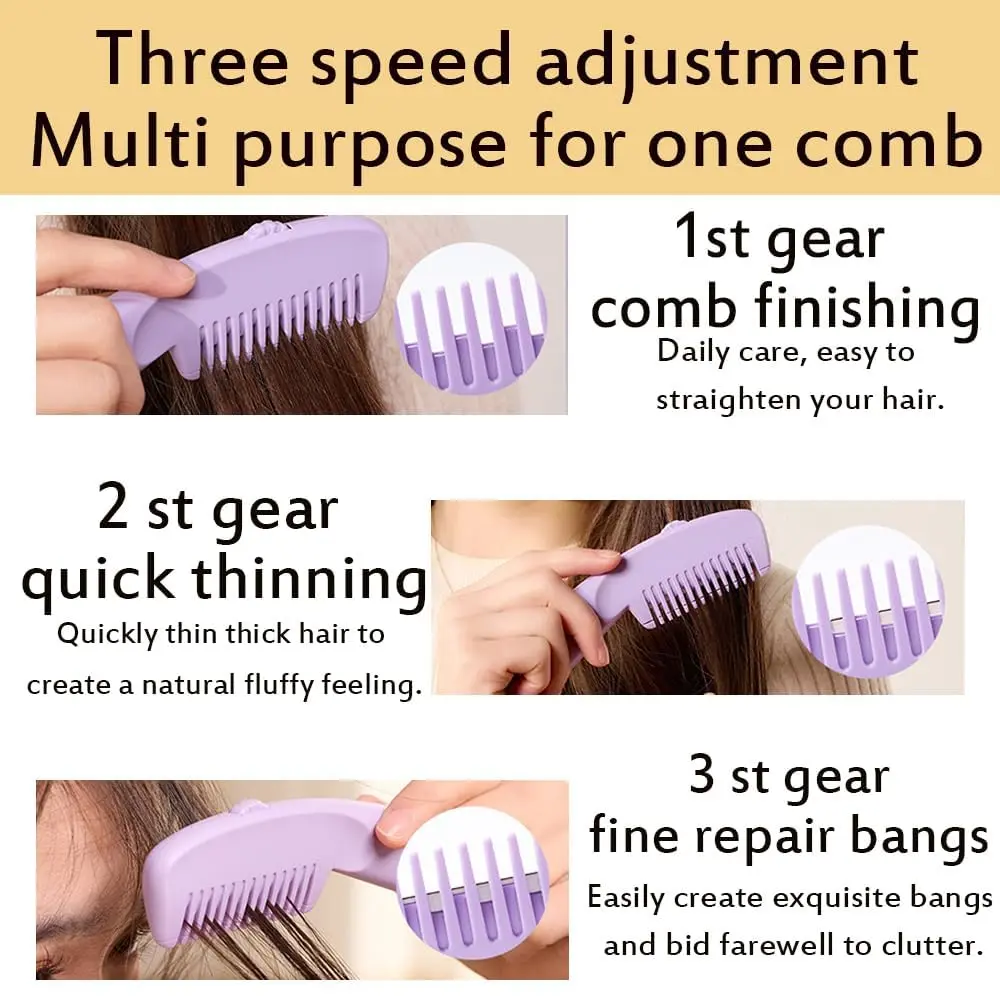 This 2-in-1 hair razor comb set in purple and white allows for adjustable hair cutting and thinning, perfect for creating bangs or quick touch-ups at home.