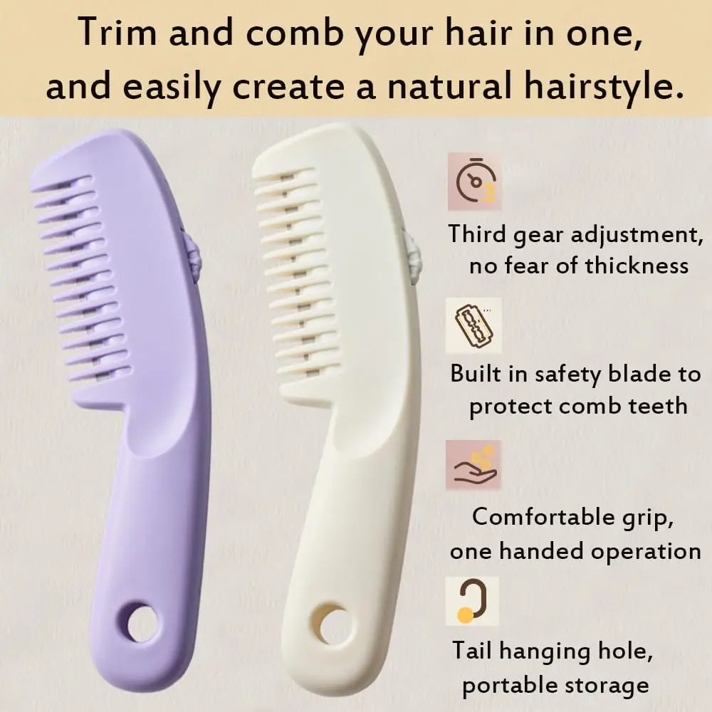 This 2-in-1 hair razor comb set in purple and white allows for adjustable hair cutting and thinning, perfect for creating bangs or quick touch-ups at home.