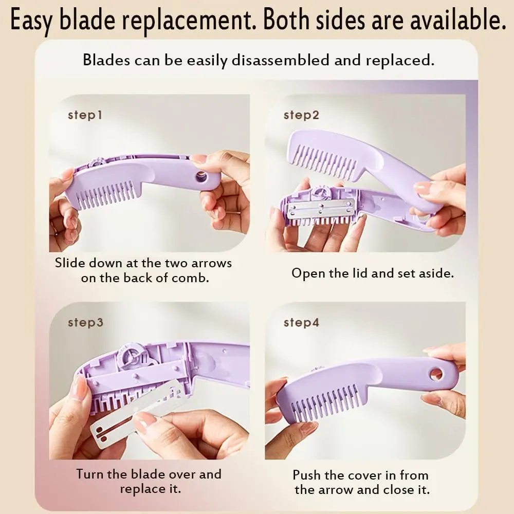 This 2-in-1 hair razor comb set in purple and white allows for adjustable hair cutting and thinning, perfect for creating bangs or quick touch-ups at home.