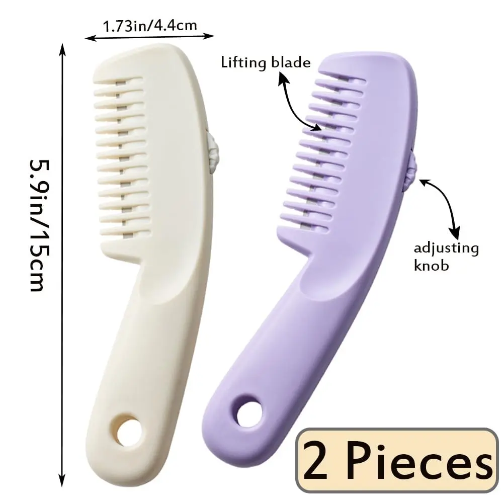 This 2-in-1 hair razor comb set in purple and white allows for adjustable hair cutting and thinning, perfect for creating bangs or quick touch-ups at home.