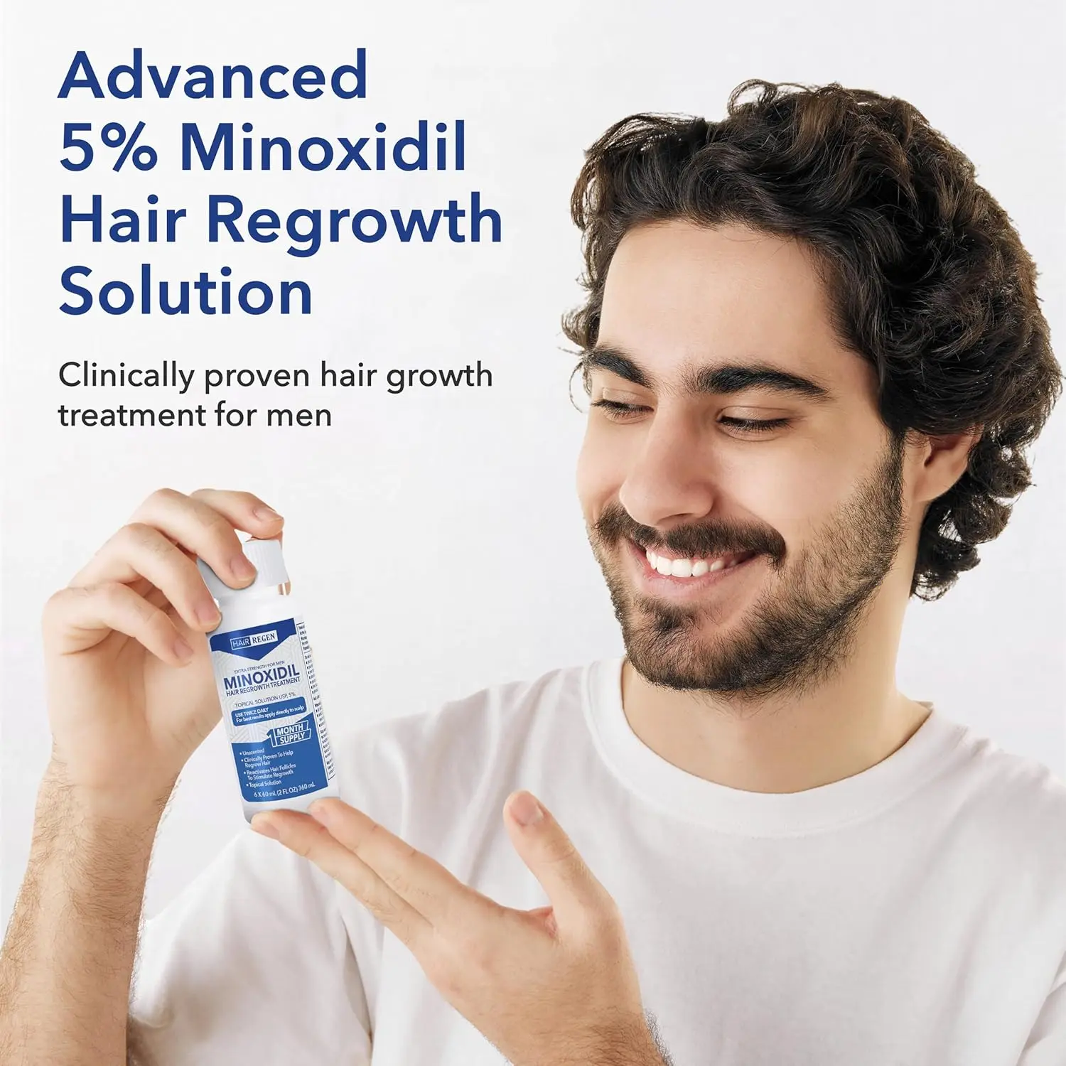Six bottles of Hair Regen 5% minoxidil topical solution with a derma roller for men's hair regrowth treatment to combat thinning hair and hair loss.