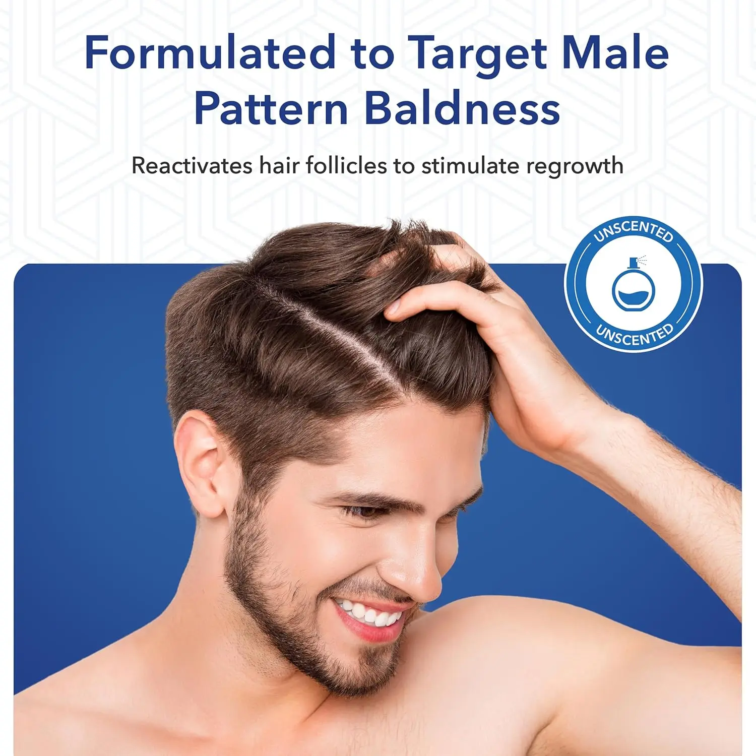 Six bottles of Hair Regen 5% minoxidil topical solution with a derma roller for men's hair regrowth treatment to combat thinning hair and hair loss.