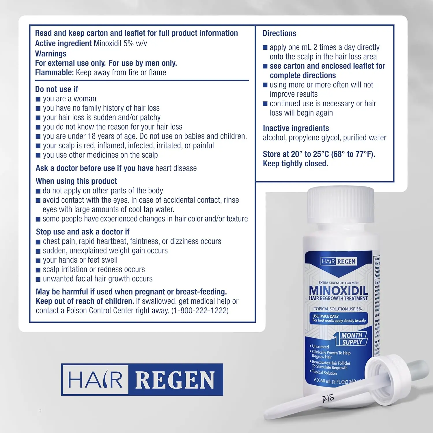 Six bottles of Hair Regen 5% minoxidil topical solution with a derma roller for men's hair regrowth treatment to combat thinning hair and hair loss.