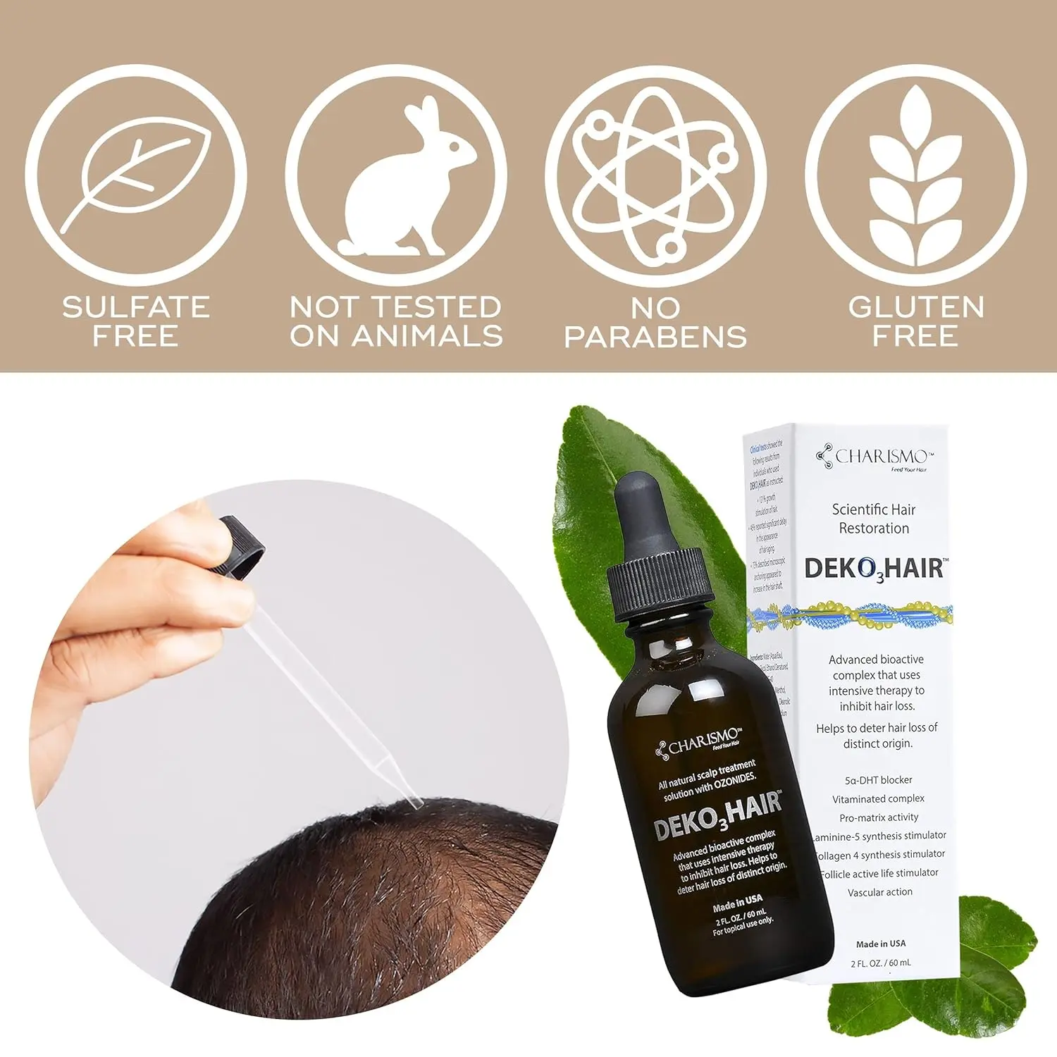 USA Dekohair hair regrowth serum promotes hair growth, increases hair thickness, and helps stop hair thinning for a fuller, healthier head of hair.