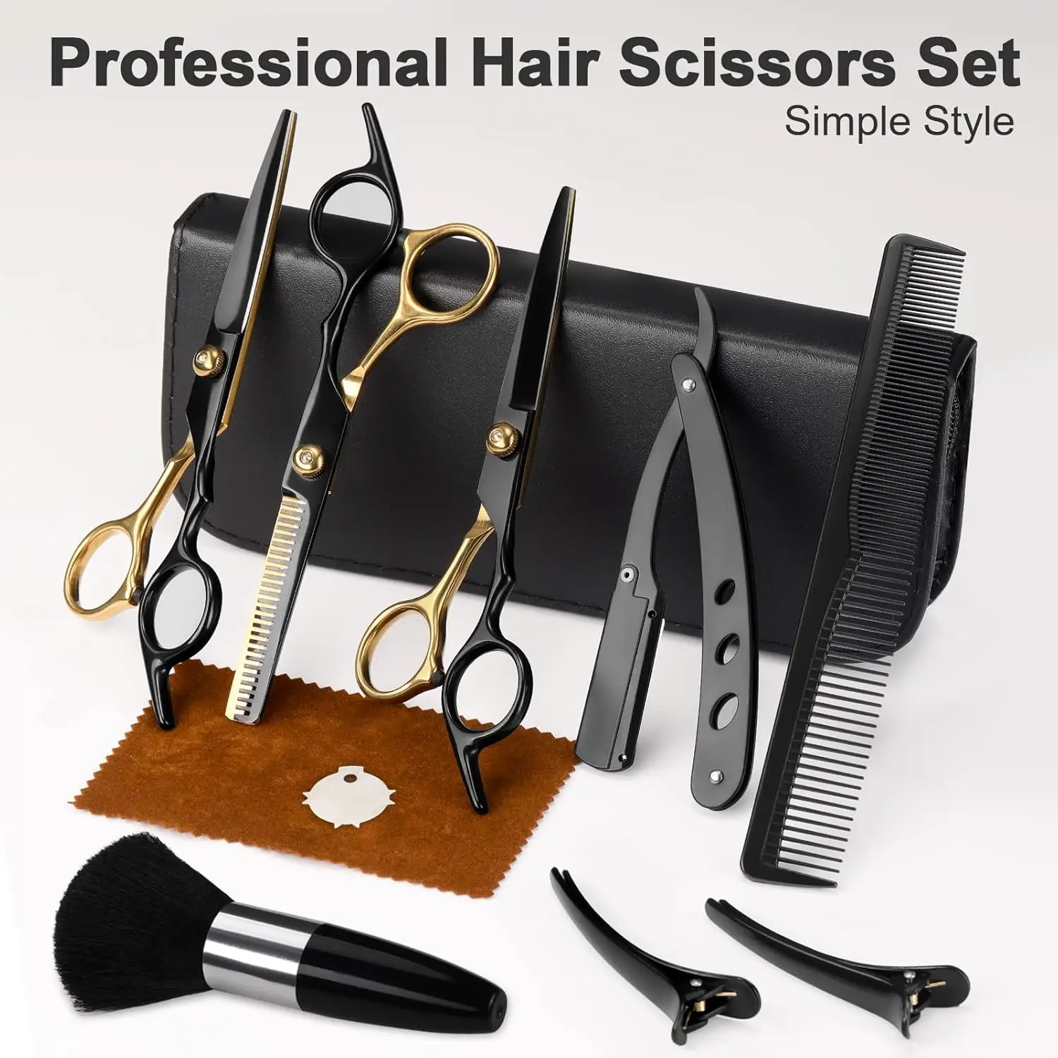 This professional 11-piece black and gold hair cutting scissors set includes straight shears, thinning shears, and other barber supplies made from durable Japanese stainless steel.