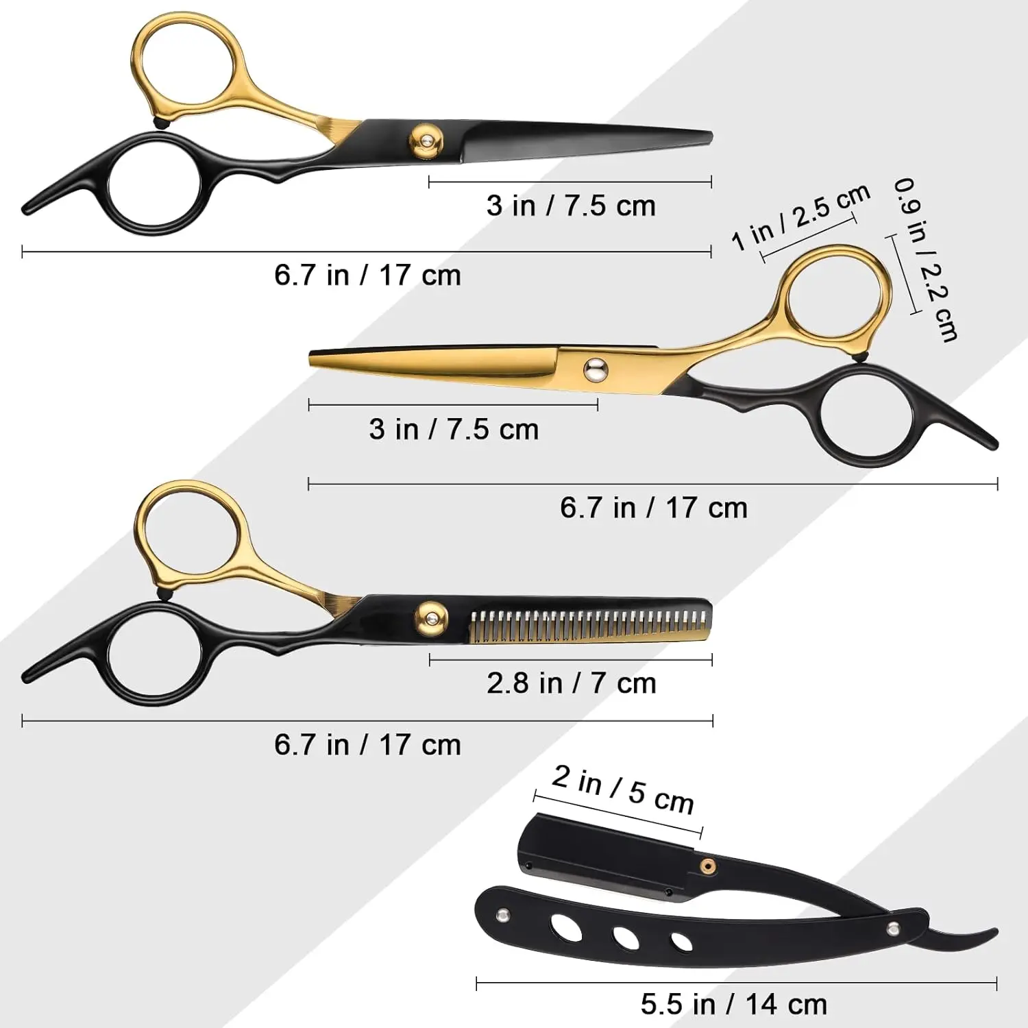 This professional 11-piece black and gold hair cutting scissors set includes straight shears, thinning shears, and other barber supplies made from durable Japanese stainless steel.
