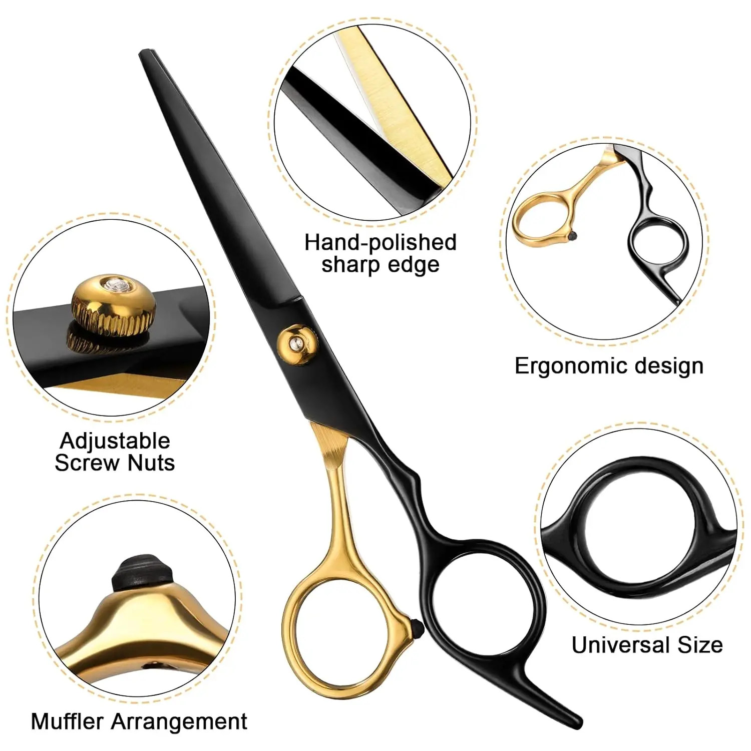 This professional 11-piece black and gold hair cutting scissors set includes straight shears, thinning shears, and other barber supplies made from durable Japanese stainless steel.