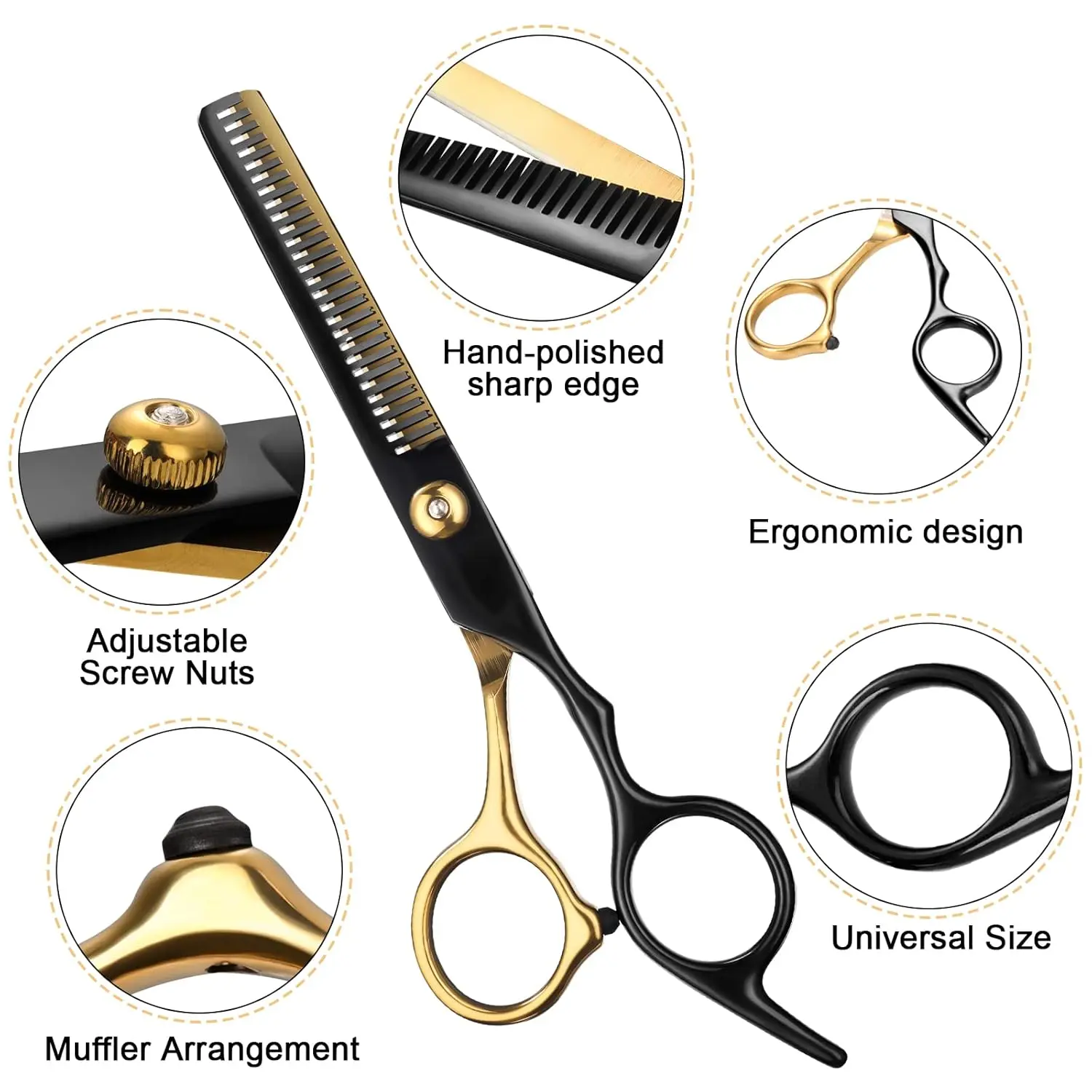This professional 11-piece black and gold hair cutting scissors set includes straight shears, thinning shears, and other barber supplies made from durable Japanese stainless steel.