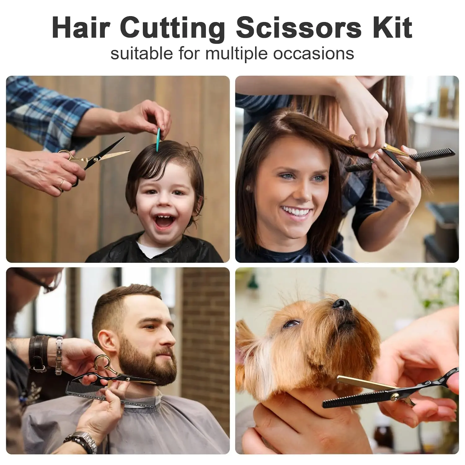 This professional 11-piece black and gold hair cutting scissors set includes straight shears, thinning shears, and other barber supplies made from durable Japanese stainless steel.