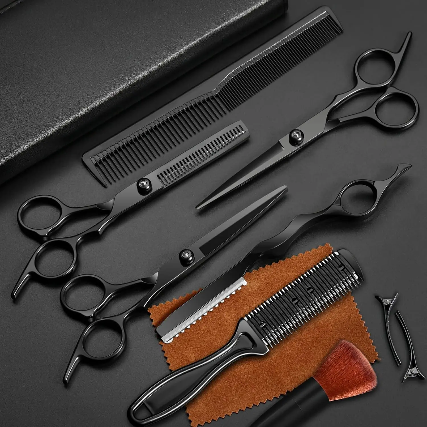 This professional 11-piece black and gold hair cutting scissors set includes straight shears, thinning shears, and other barber supplies made from durable Japanese stainless steel.