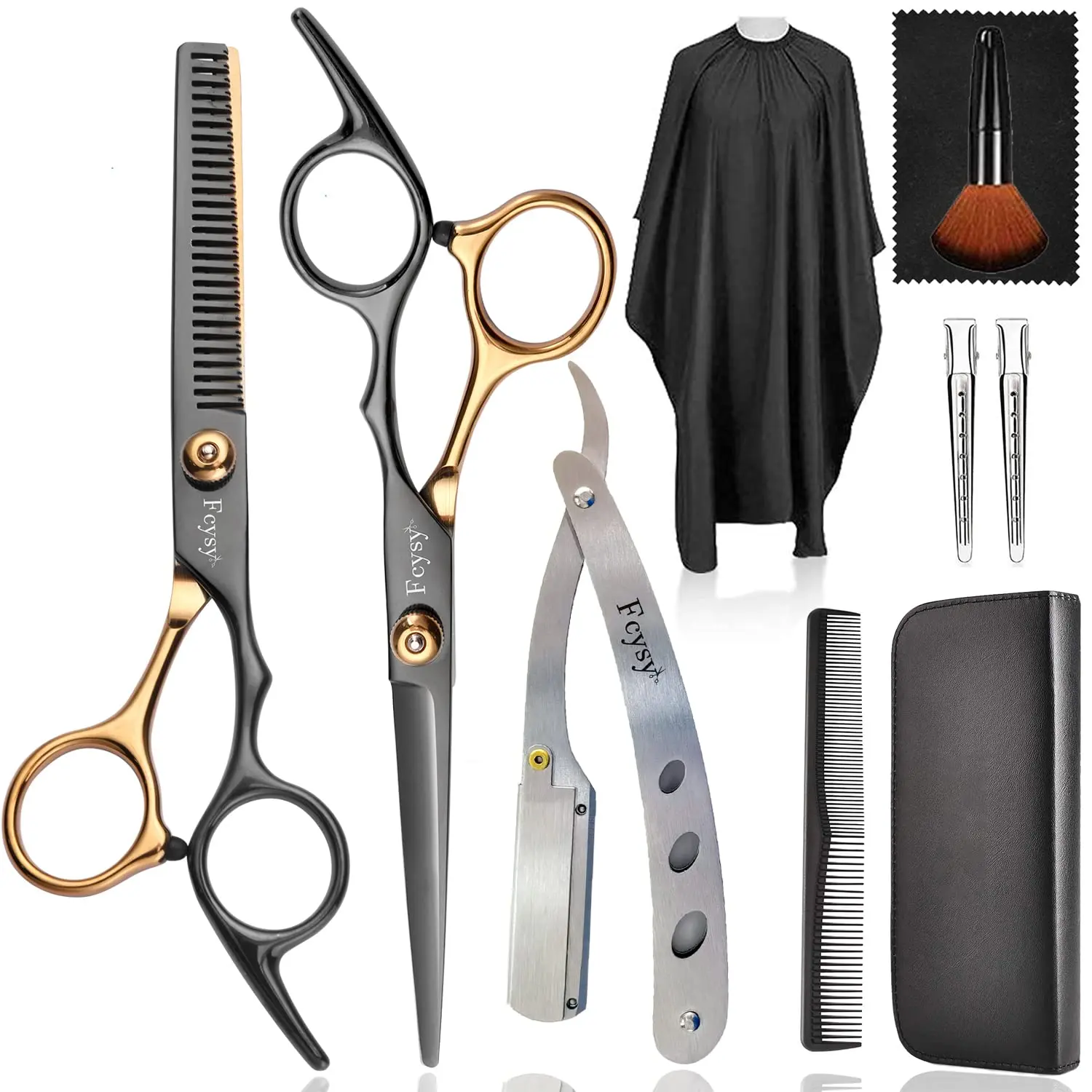 This professional hair cutting kit includes stainless steel barber shears, thinning shears, a straight edge razor, and accessories for easy haircuts at home or in the salon.