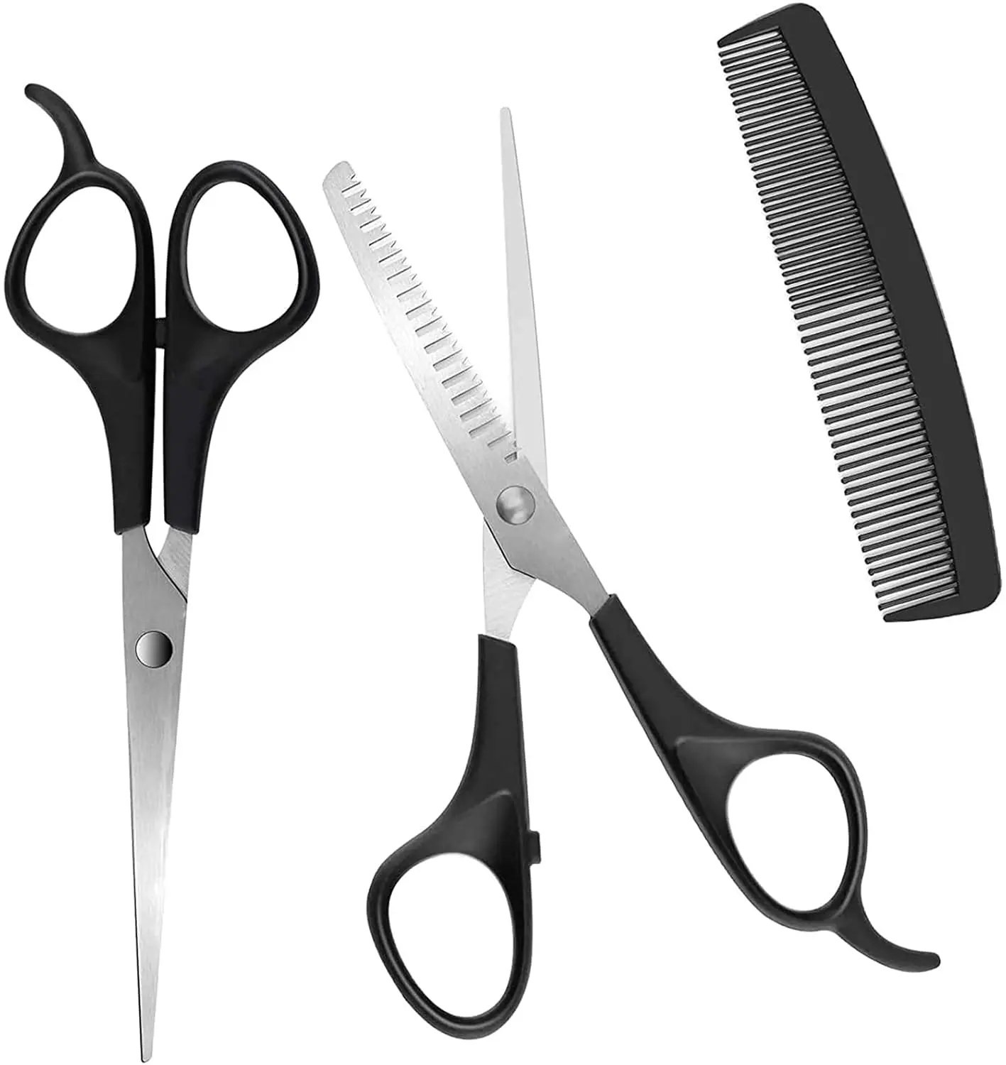 This professional hair scissors set includes cutting and thinning shears made of durable stainless steel with ergonomic handles, ideal for salon, barber, or home use.