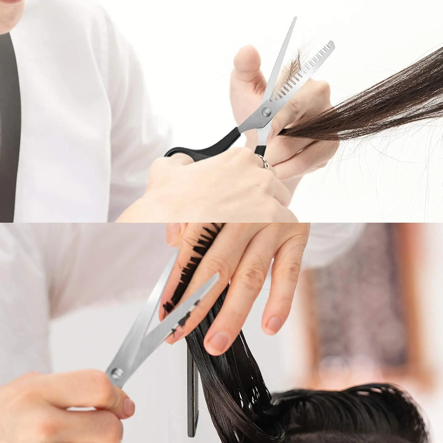 This professional hair scissors set includes cutting and thinning shears made of durable stainless steel with ergonomic handles, ideal for salon, barber, or home use.