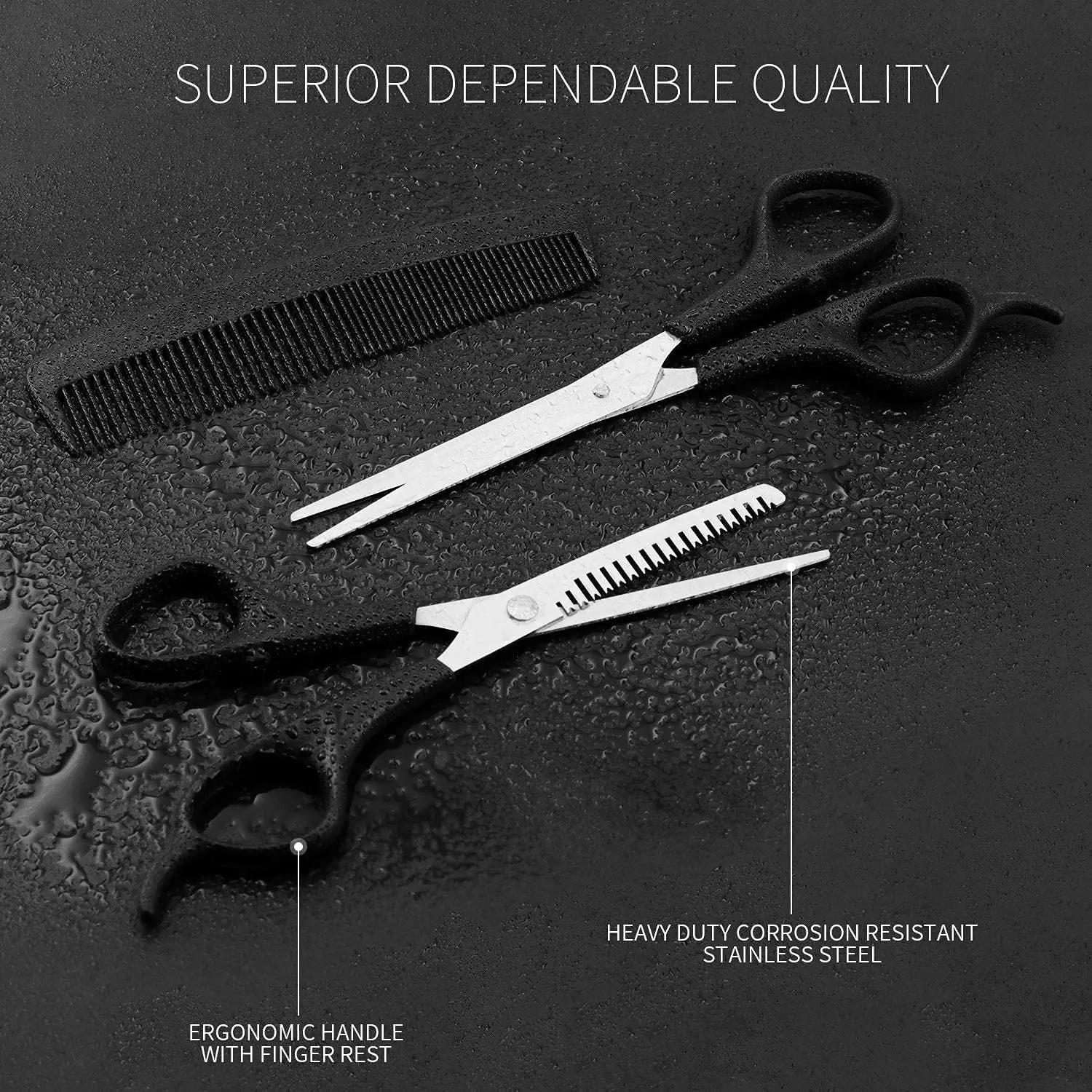 This professional hair scissors set includes cutting and thinning shears made of durable stainless steel with ergonomic handles, ideal for salon, barber, or home use.