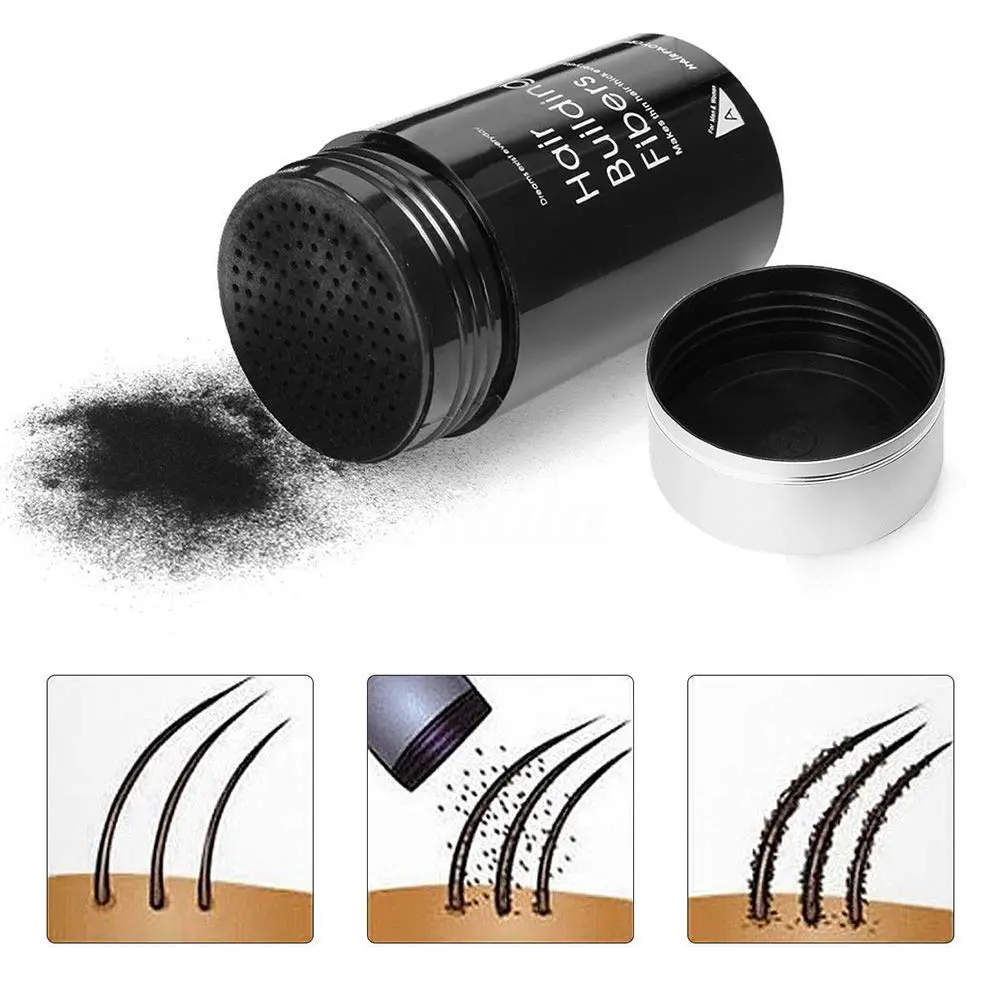This image shows black hair thickening fibers, a hair loss treatment for men and women who want to achieve natural, thick, beautiful-looking hair with just one application.