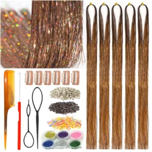 This hair tinsel kit adds heat resistant shiny extensions for women, girls, and kids in brown and coffee colors, creating a dazzling and shiny effect.