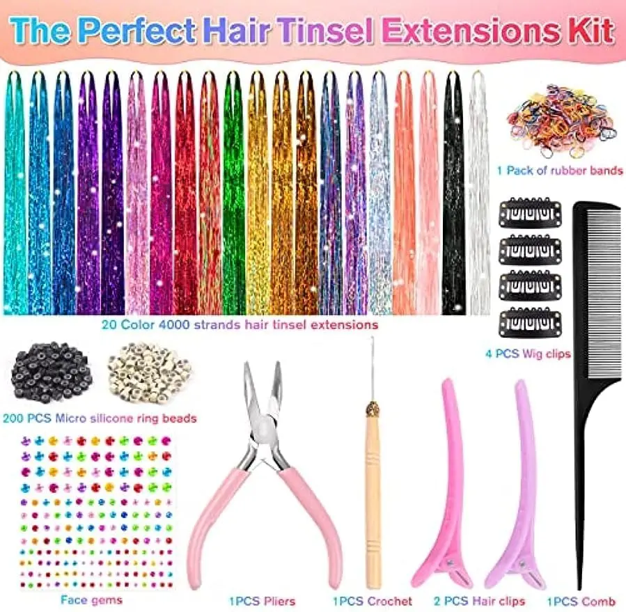 This hair tinsel kit includes 20 different colors of 48-inch heat-resistant fairy hair extensions with tools and rhinestone for creating unique hairstyles.