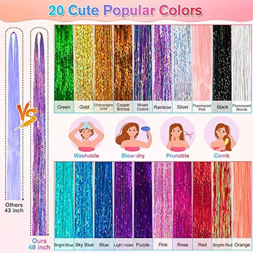 This hair tinsel kit includes 20 different colors of 48-inch heat-resistant fairy hair extensions with tools and rhinestone for creating unique hairstyles.