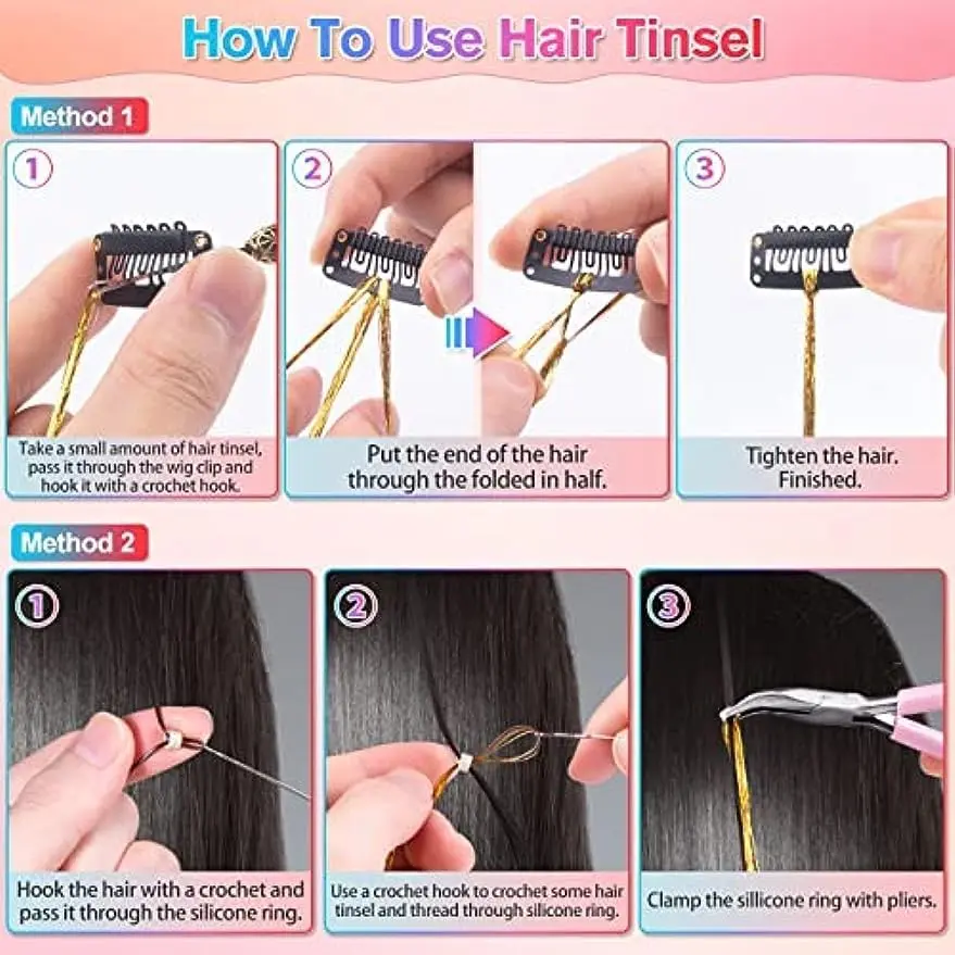 This hair tinsel kit includes 20 different colors of 48-inch heat-resistant fairy hair extensions with tools and rhinestone for creating unique hairstyles.