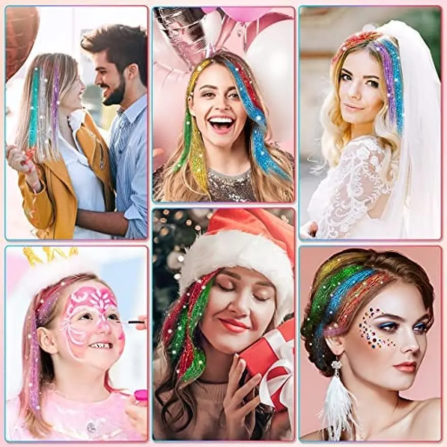 This hair tinsel kit includes 20 different colors of 48-inch heat-resistant fairy hair extensions with tools and rhinestone for creating unique hairstyles.
