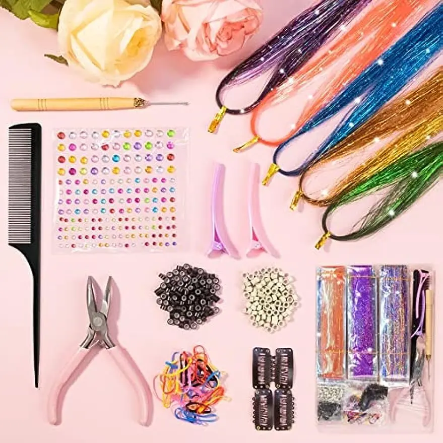 This hair tinsel kit includes 20 different colors of 48-inch heat-resistant fairy hair extensions with tools and rhinestone for creating unique hairstyles.