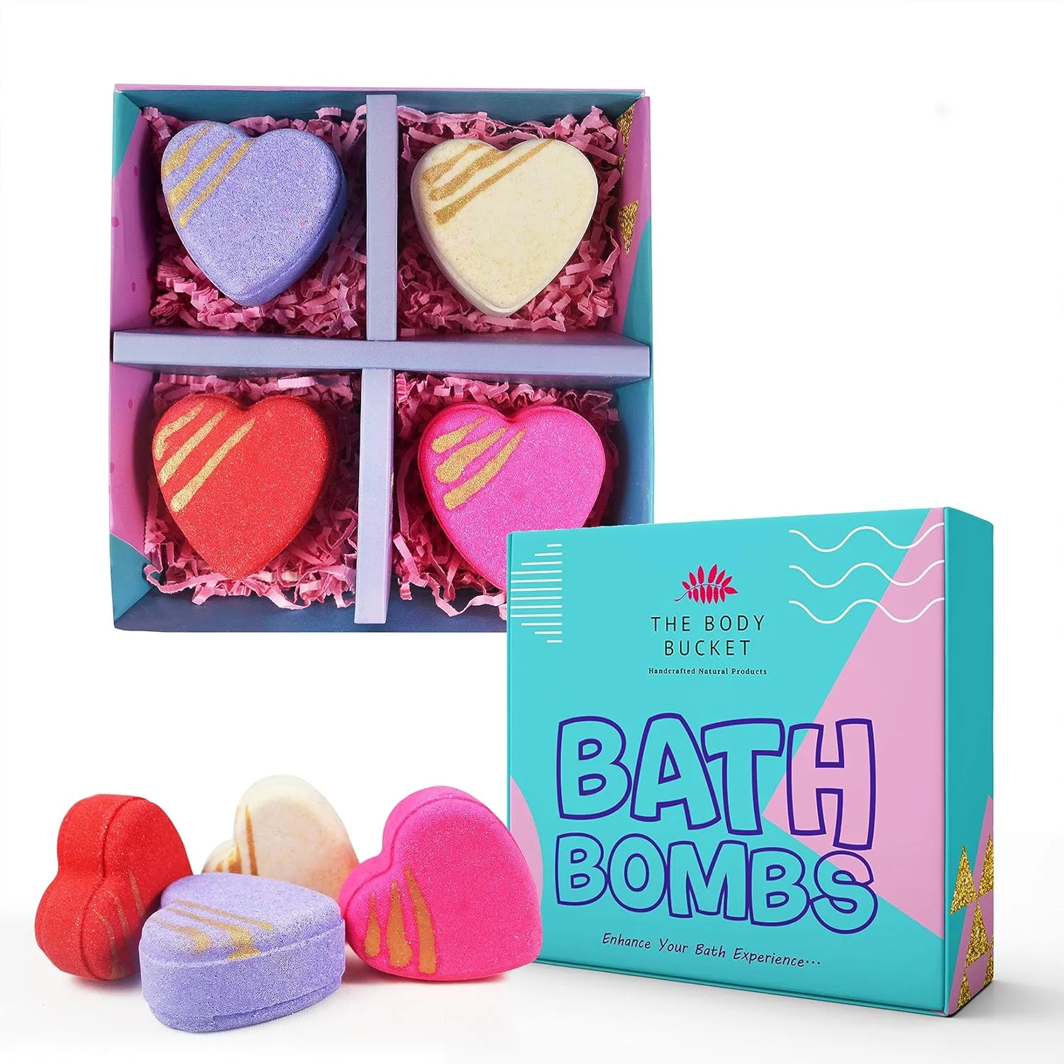 Heart Bath Bombs Set - Rose, Jasmine, Lavender (4 Pack)