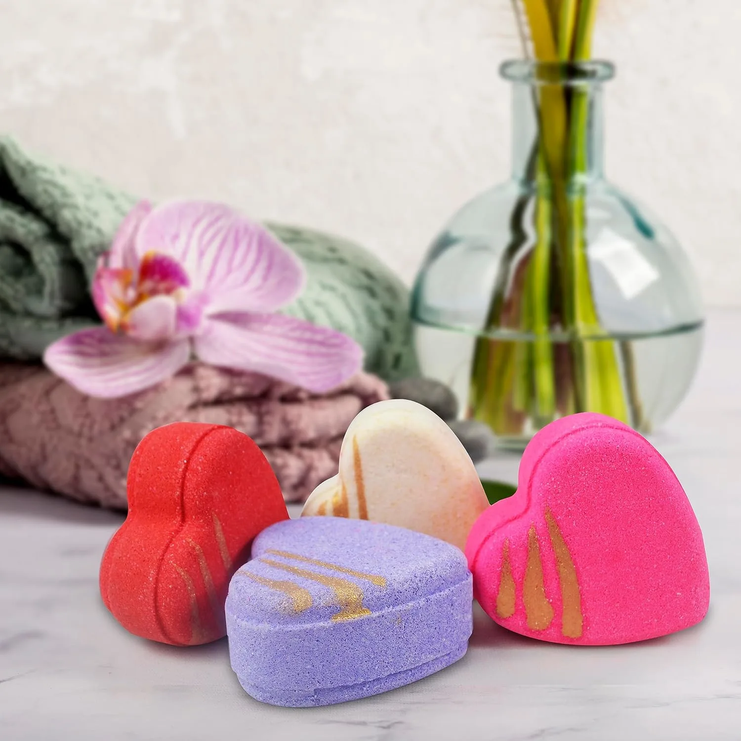 Heart Bath Bombs Set - Rose, Jasmine, Lavender (4 Pack) - Image 3