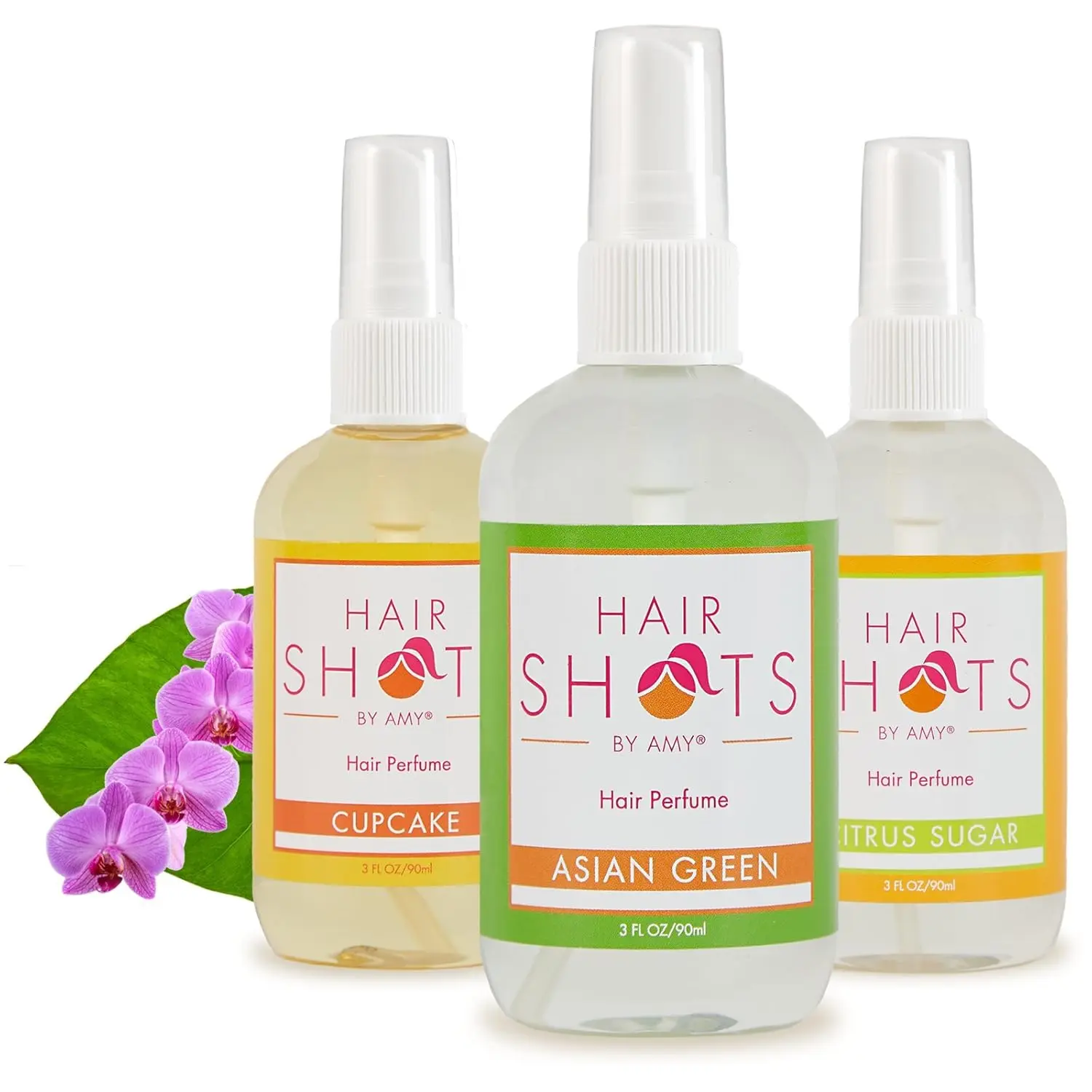 This Touch Of Sweetness bundle includes three heat activated hair fragrances: Cupcake, Asian Green, and Citrus Sugar, perfect for adding a delightful scent to all hair types, extensions, and wigs.
