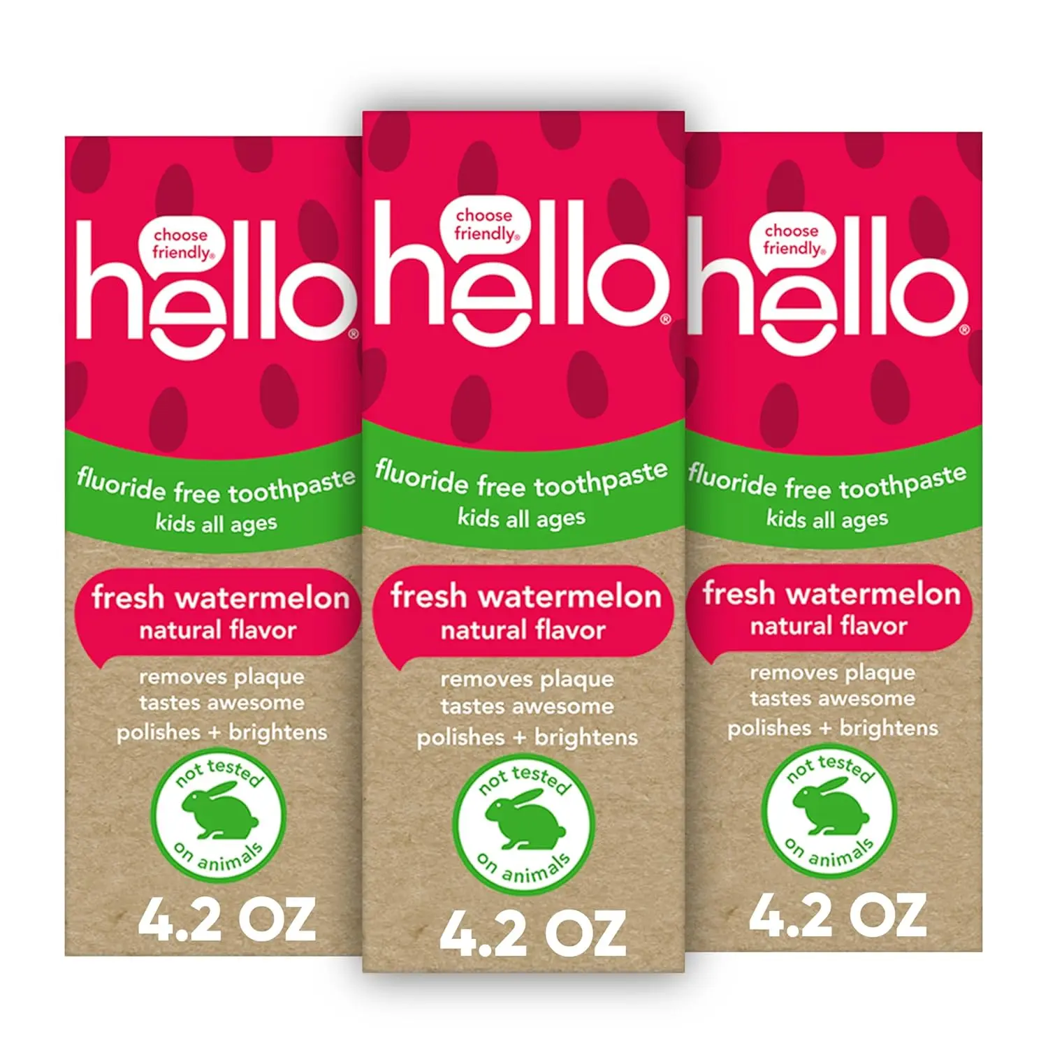 Three tubes of Hello Watermelon fluoride-free toothpaste for kids, formulated with xylitol and aloe vera to gently clean and protect growing teeth while making brushing fun.