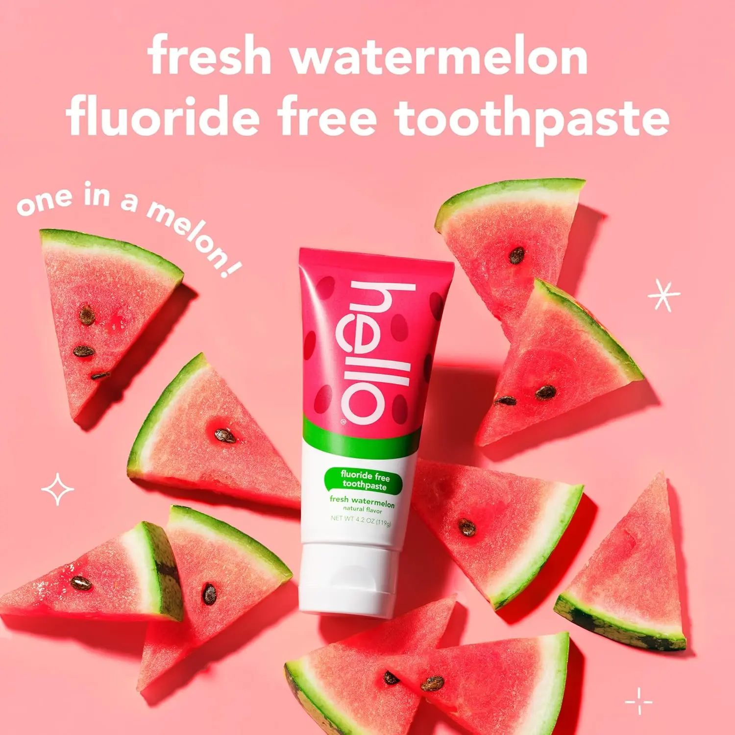 Three tubes of Hello Watermelon fluoride-free toothpaste for kids, formulated with xylitol and aloe vera to gently clean and protect growing teeth while making brushing fun.