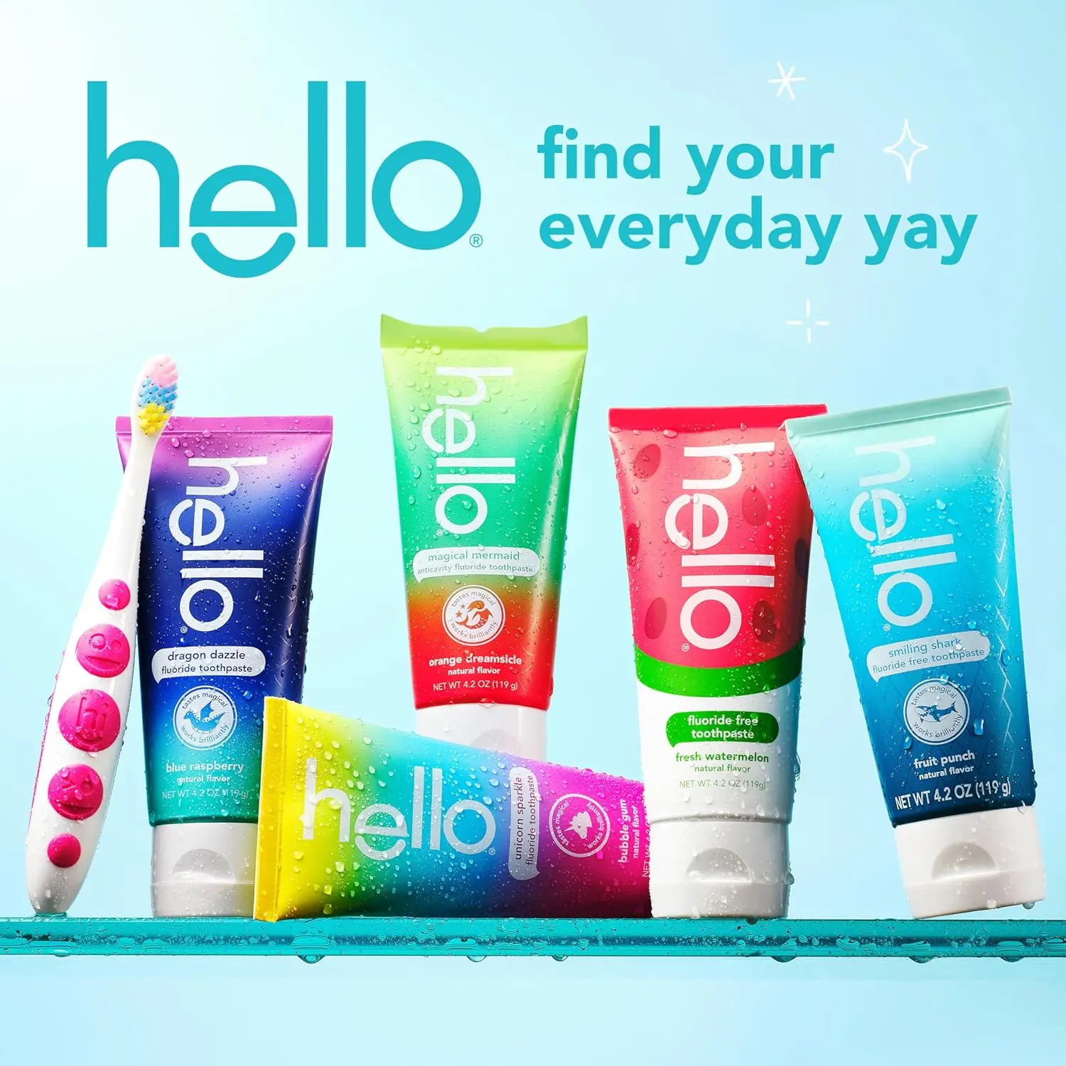Three tubes of Hello Watermelon fluoride-free toothpaste for kids, formulated with xylitol and aloe vera to gently clean and protect growing teeth while making brushing fun.