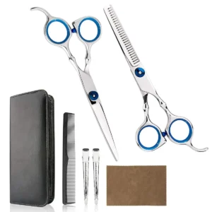 This is a Himart hair cutting kit including professional haircutting scissors, thinning shears, a comb, and a case, perfect for home or salon use for men and women.