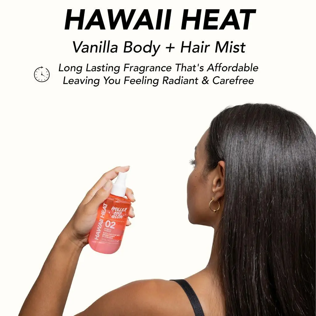 Holler and Glow Hawaii Heat body and hair mist with a warm vanilla, peony, and amber scent for a long-lasting, vegan, and cruelty-free daily fragrance.