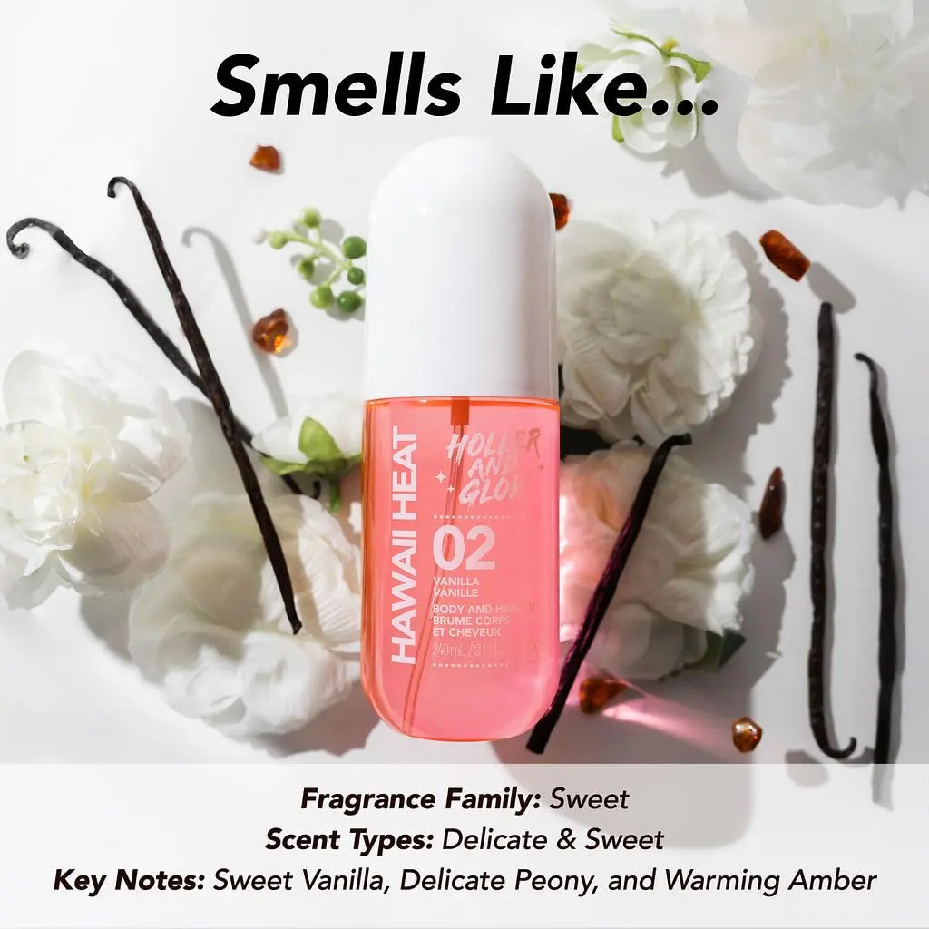 Holler and Glow Hawaii Heat body and hair mist with a warm vanilla, peony, and amber scent for a long-lasting, vegan, and cruelty-free daily fragrance.