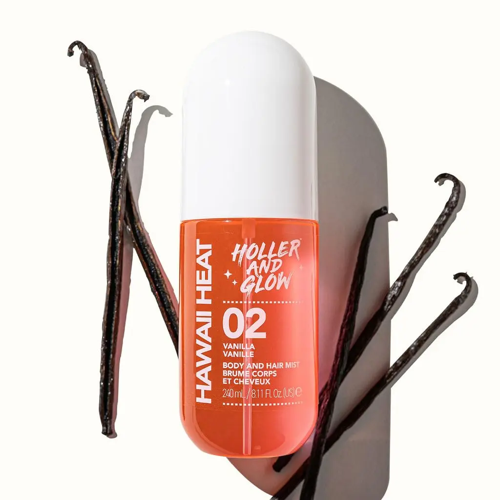 Holler and Glow Hawaii Heat body and hair mist with a warm vanilla, peony, and amber scent for a long-lasting, vegan, and cruelty-free daily fragrance.
